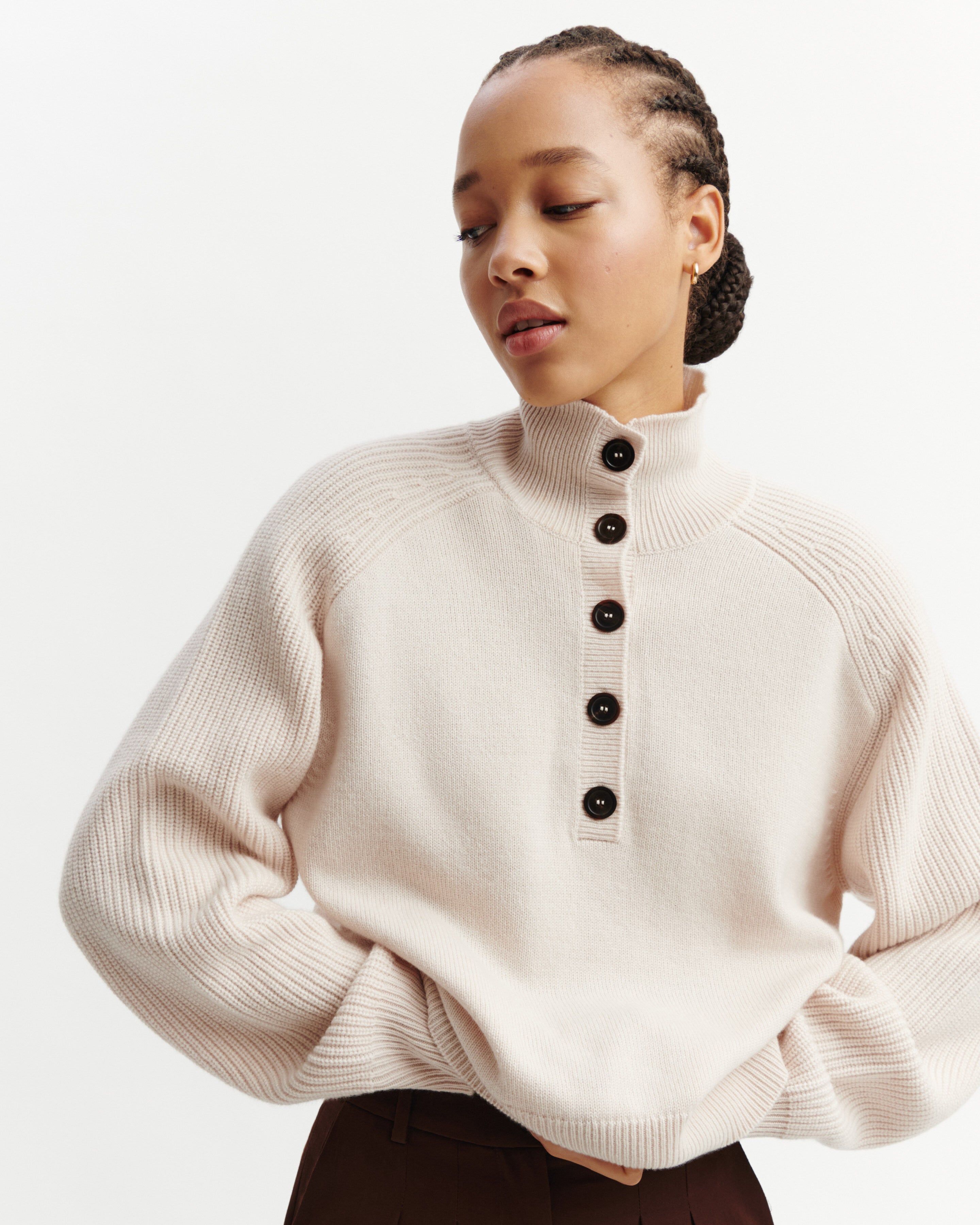 Pull camionneur boutonné-CREAM-100% cachemire