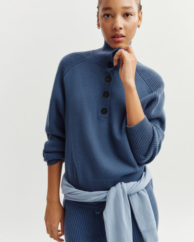 Pull camionneur boutonné-BLEU ATLAS-100% cachemire