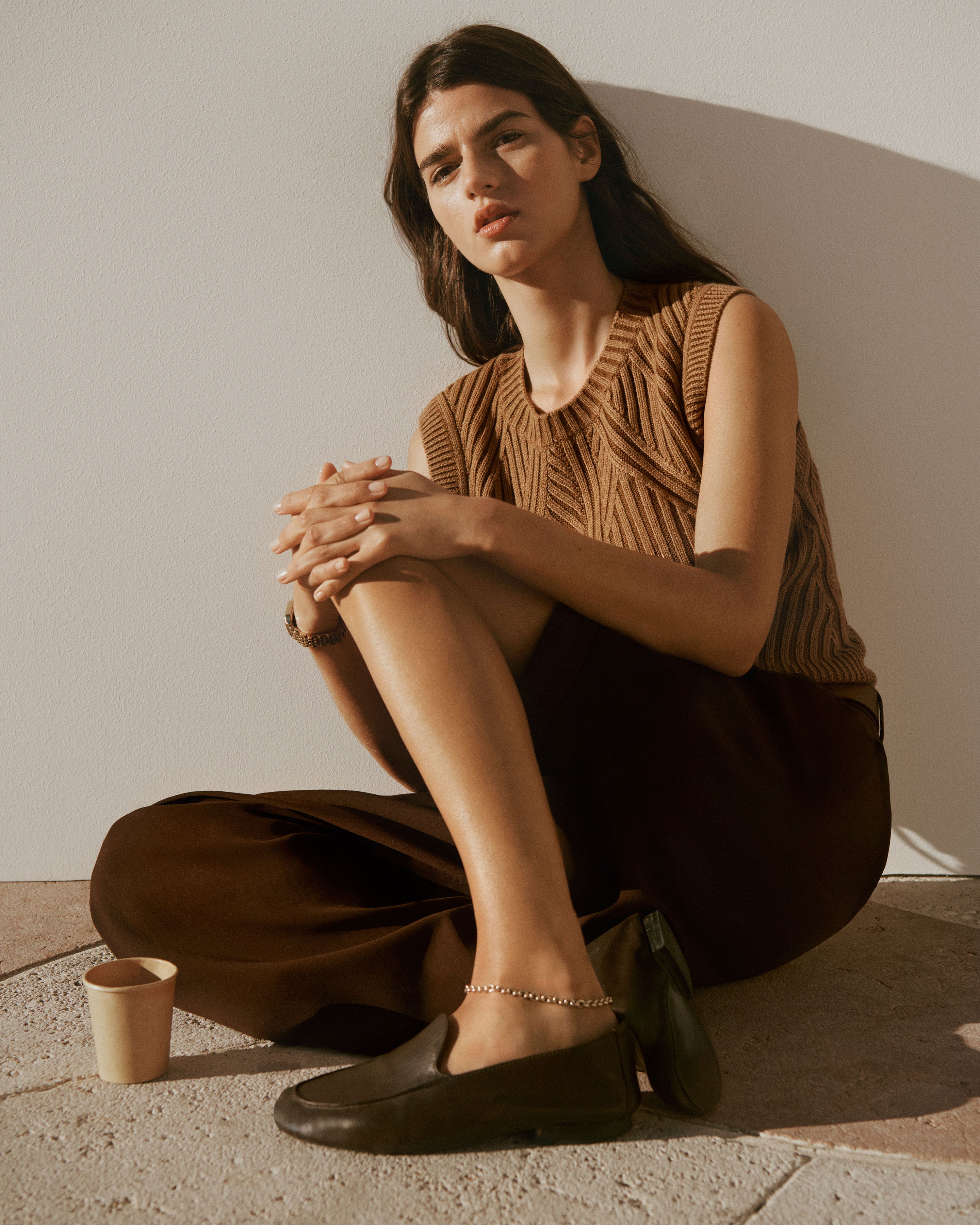 Pull sans manches à côtes-CARAMEL-95% laine 5% cachemire