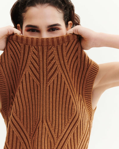 Pull sans manches à côtes-CARAMEL-95% laine 5% cachemire