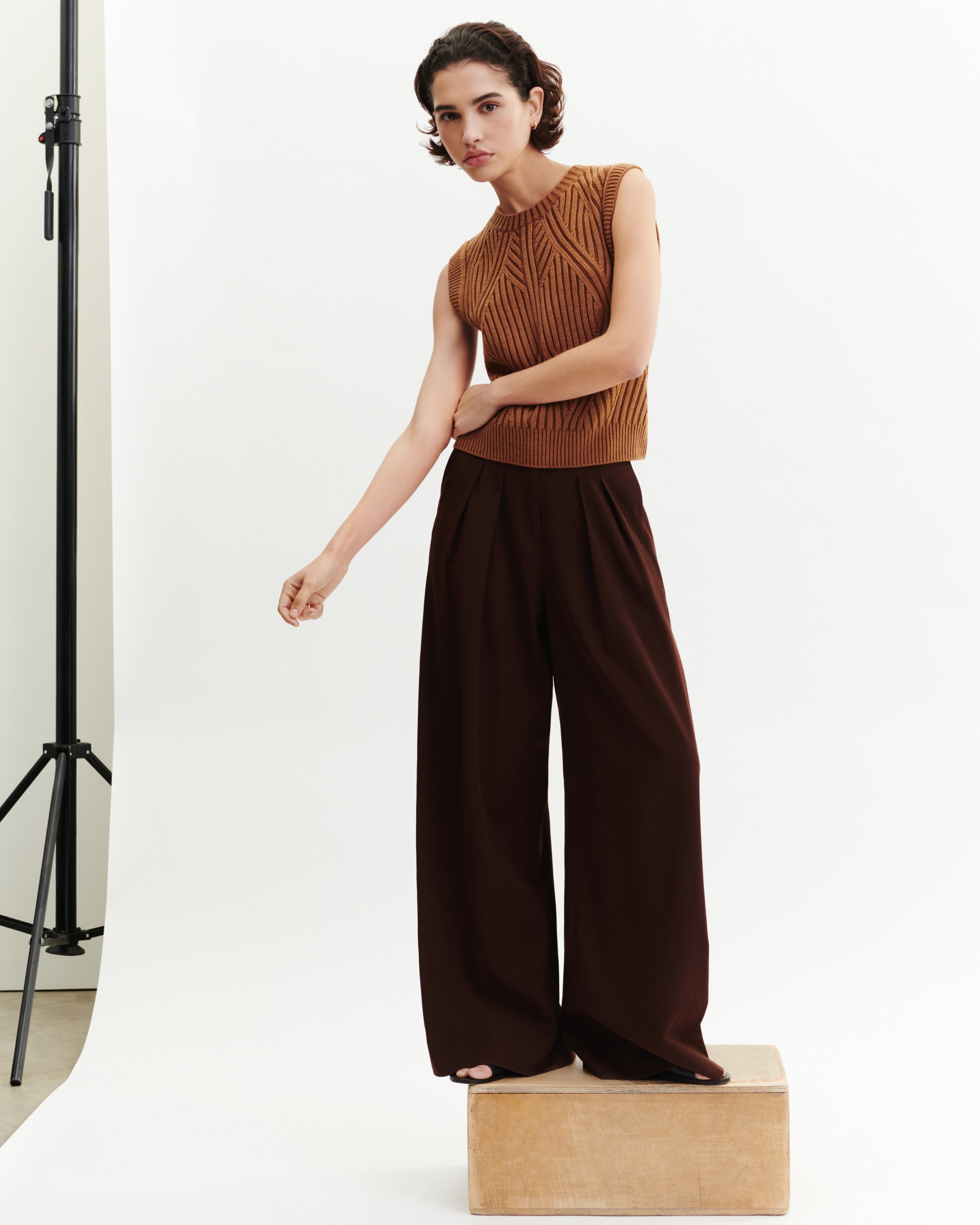 Pull sans manches à côtes-CARAMEL-95% laine 5% cachemire