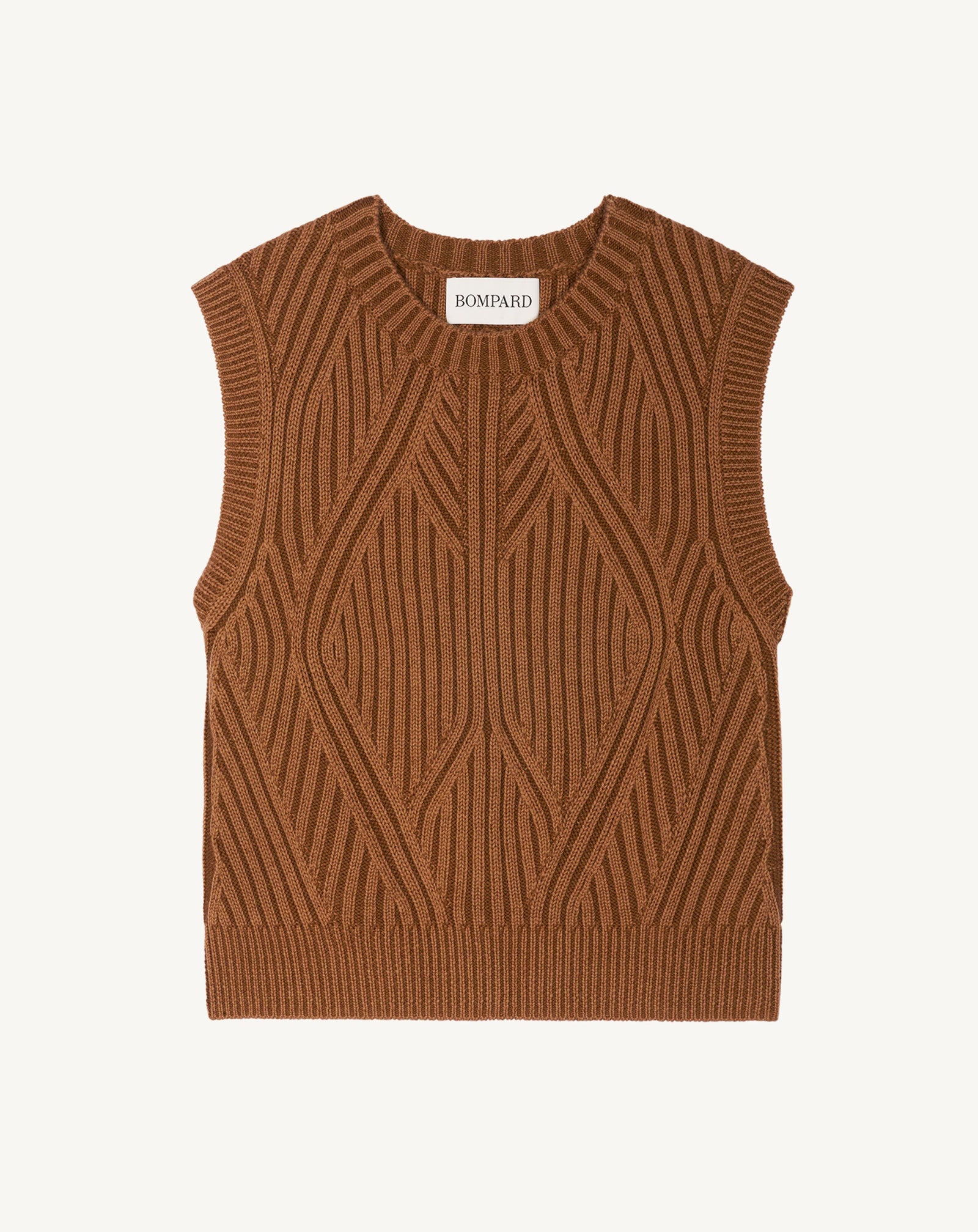 Pull sans manches à côtes-CARAMEL-95% laine 5% cachemire