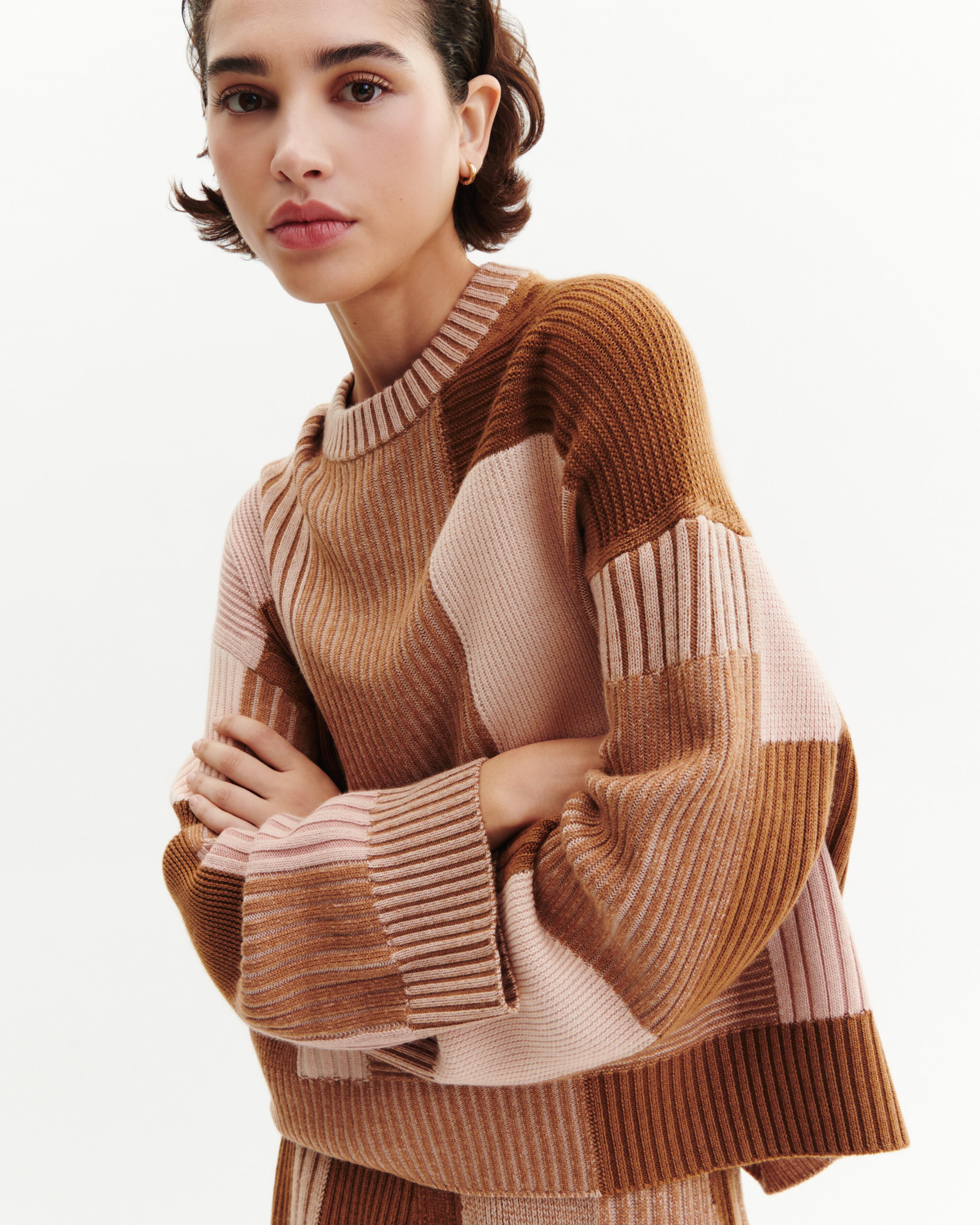 Pull oversized patchwork-CARAMEL/ROSE EDEN-95% laine 5% cachemire