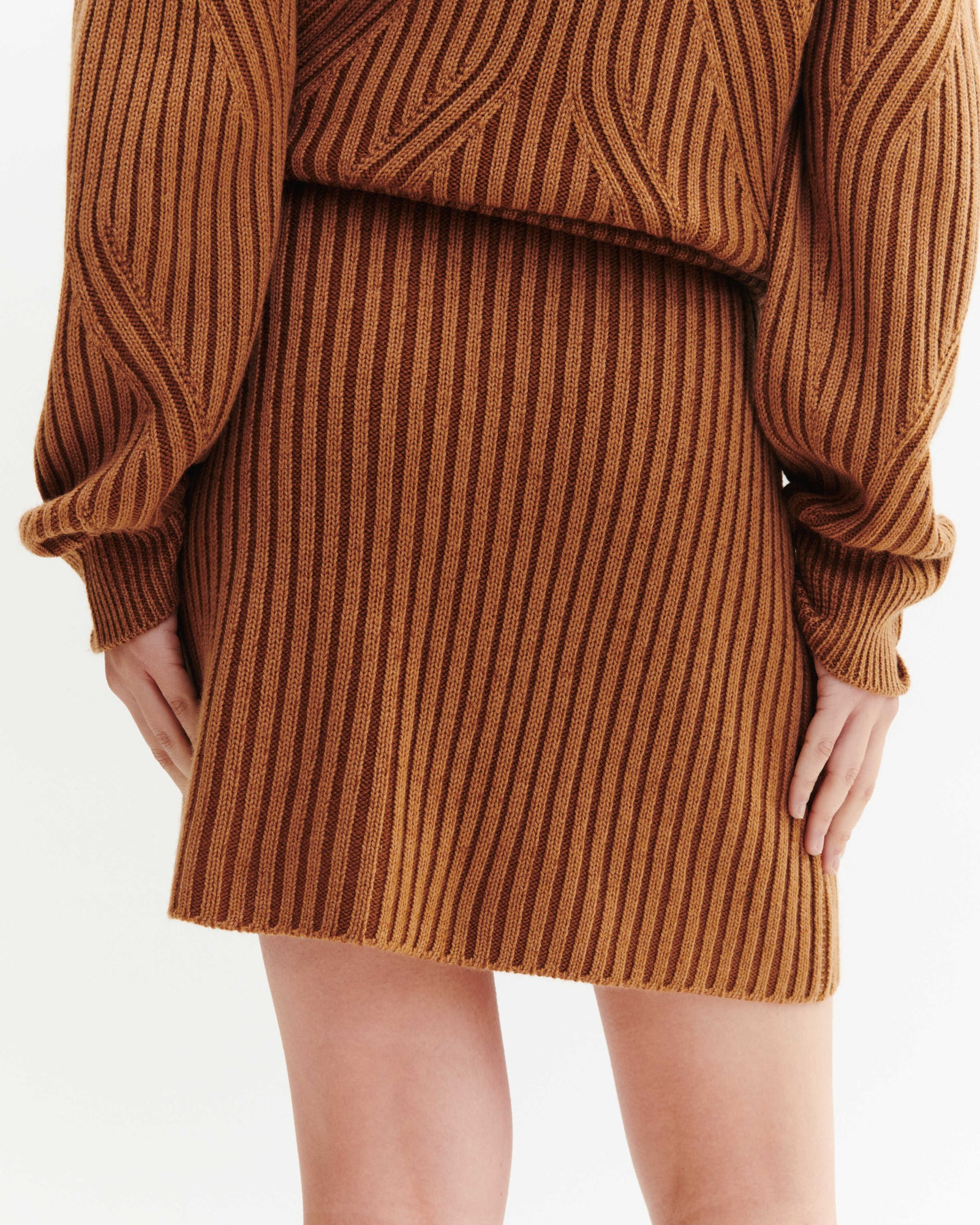 Mini jupe à côtes-CARAMEL-95% laine 5% cachemire