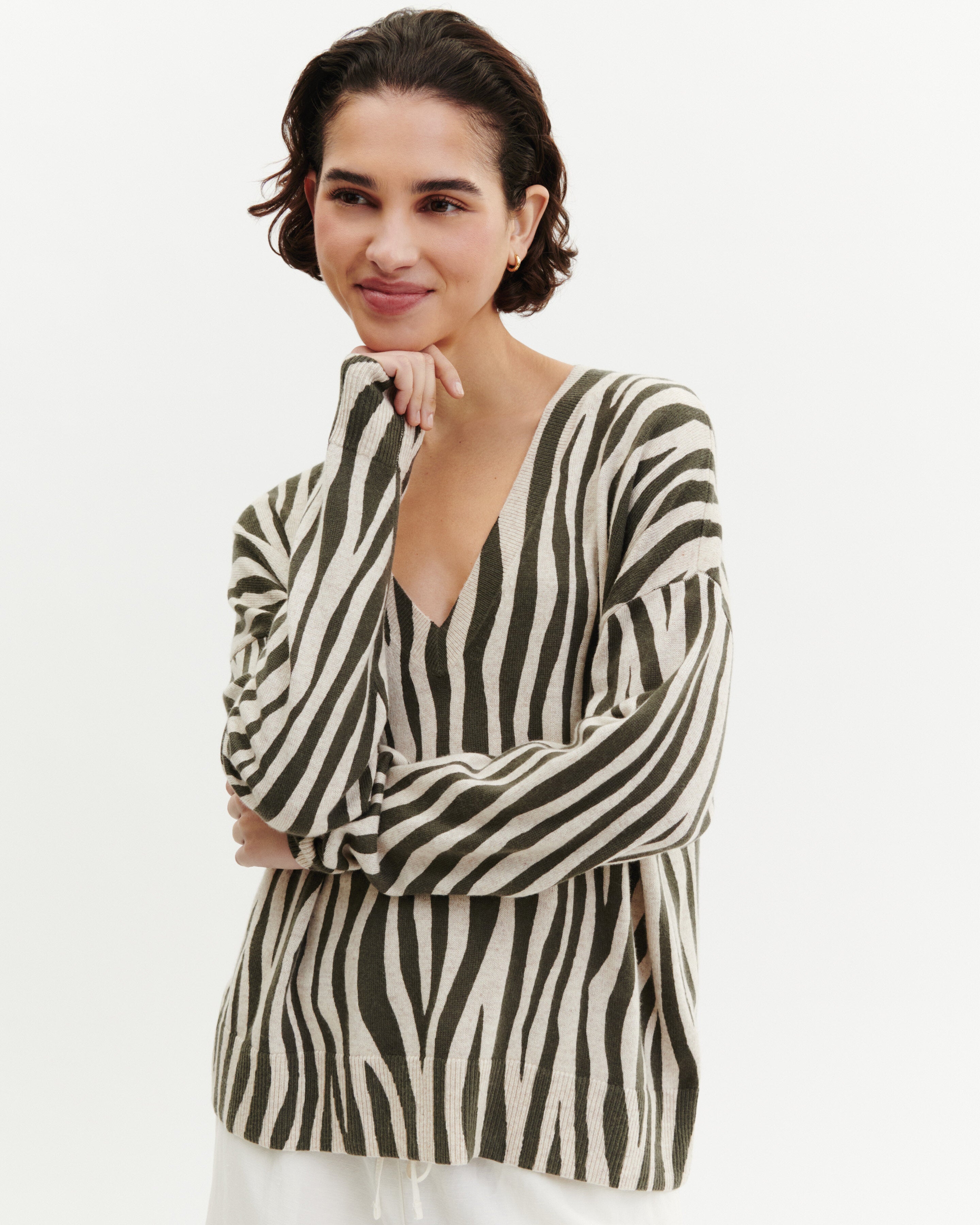 Pull col V imprimé-KAKI OMBRE/TOURTERELLE-70% cachemire 30% soie