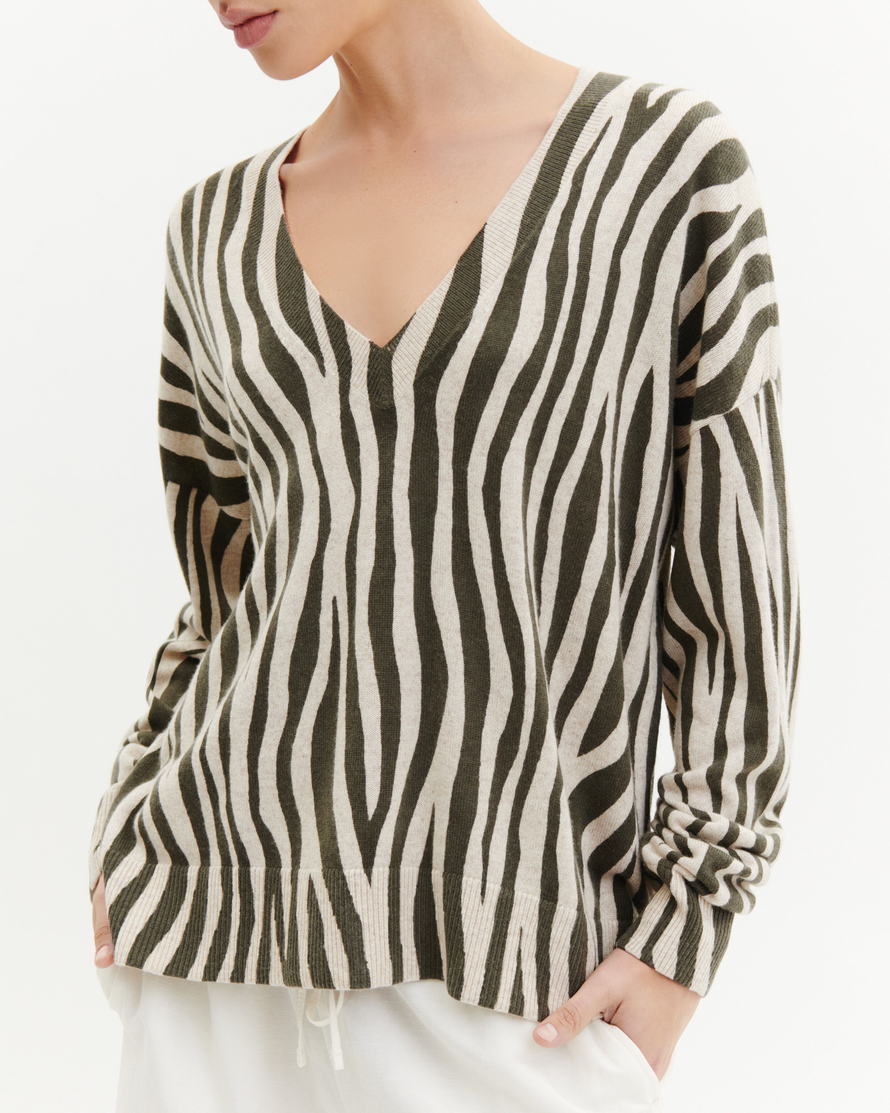 Pull col V imprimé-KAKI OMBRE/TOURTERELLE-70% cachemire 30% soie