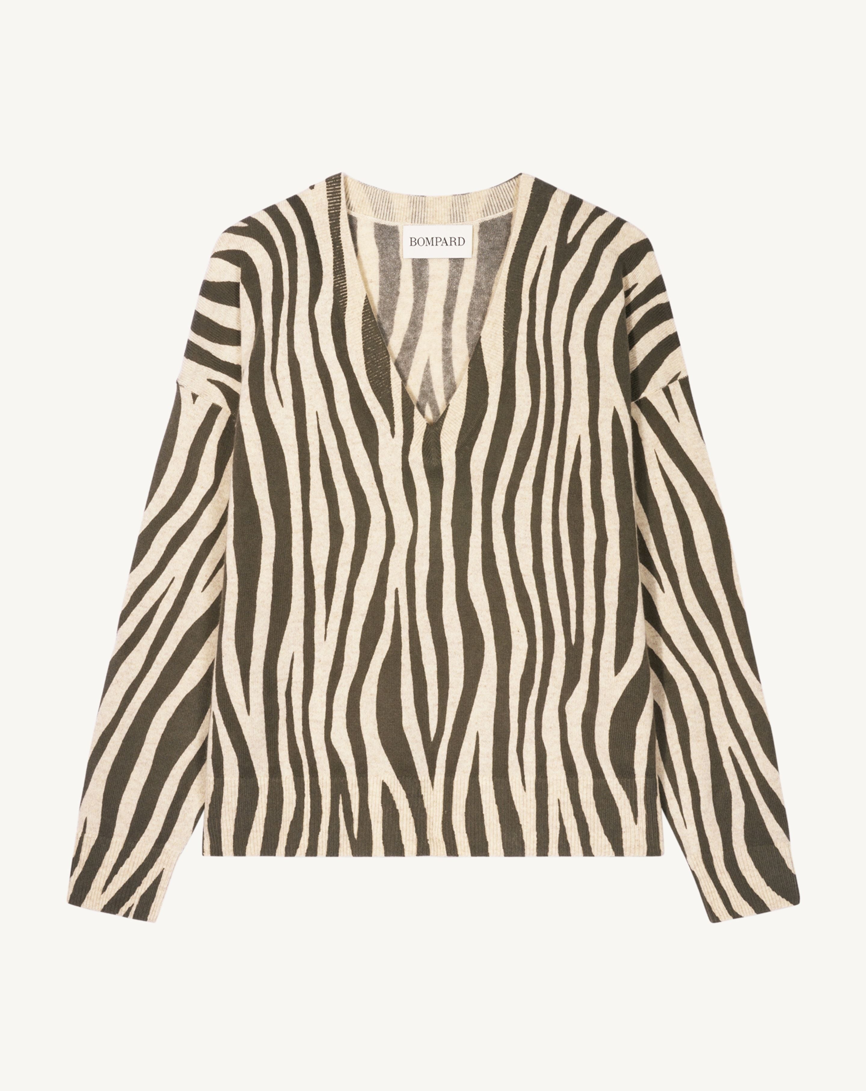 Pull col V imprimé-KAKI OMBRE/TOURTERELLE-70% cachemire 30% soie