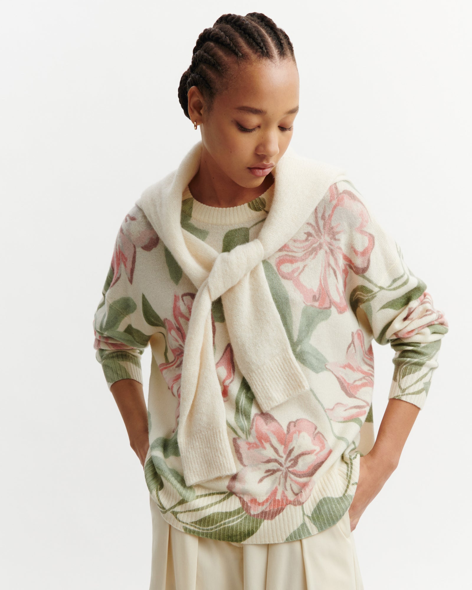 Col rond oversized imprimé-NATUREL-100% cachemire