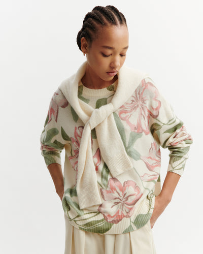 Col rond oversized imprimé-NATUREL-100% cachemire