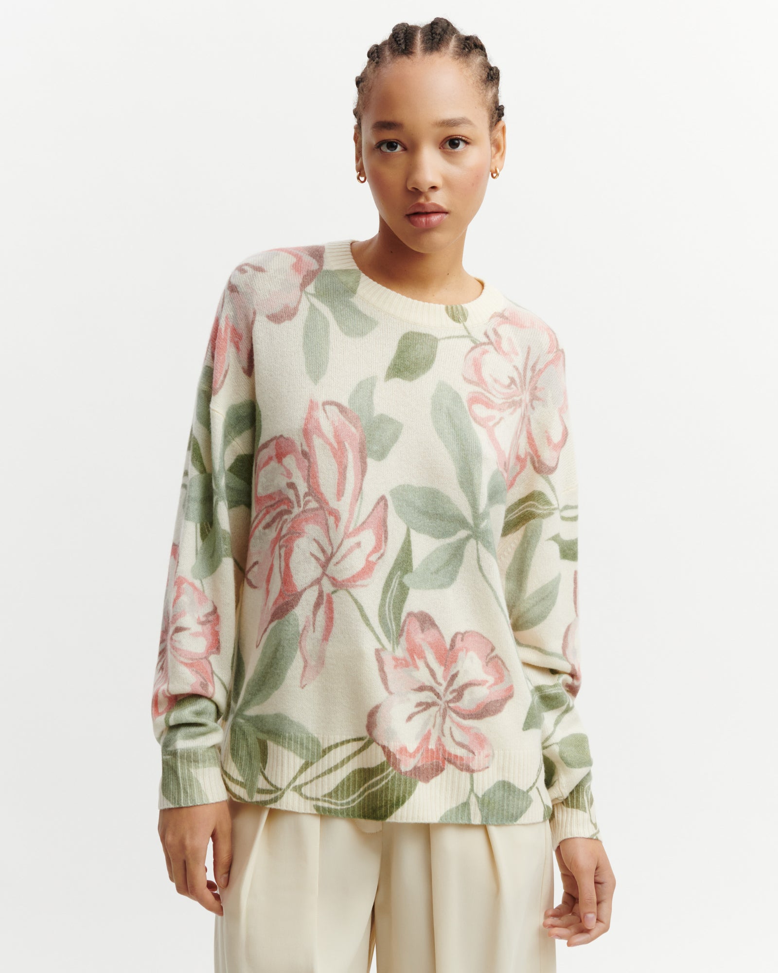 Col rond oversized imprimé-NATUREL-100% cachemire