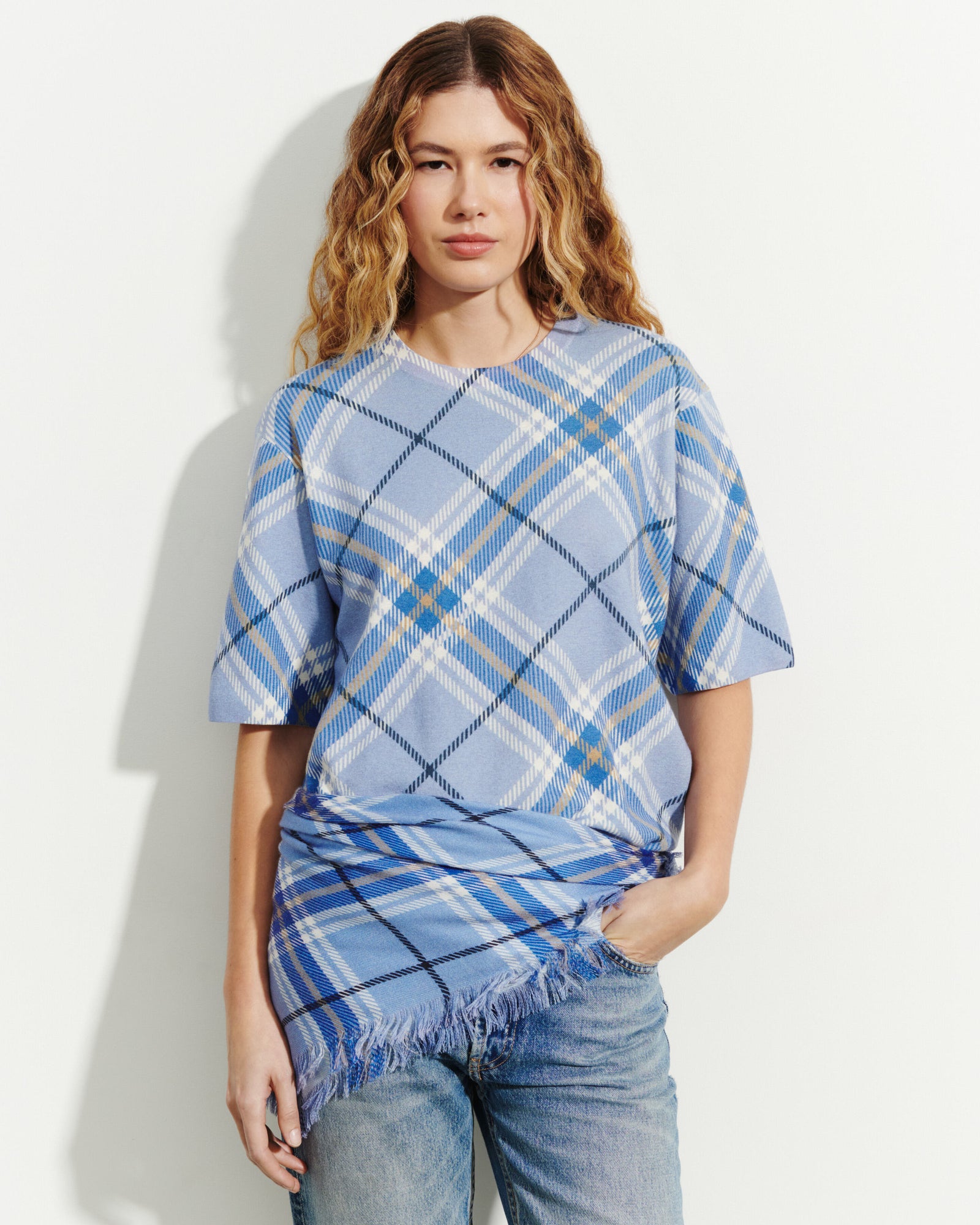 T-shirt ample imprimé tartan-BLEU AGATE/ATLANTIQUE-70% coton 30% cachemire