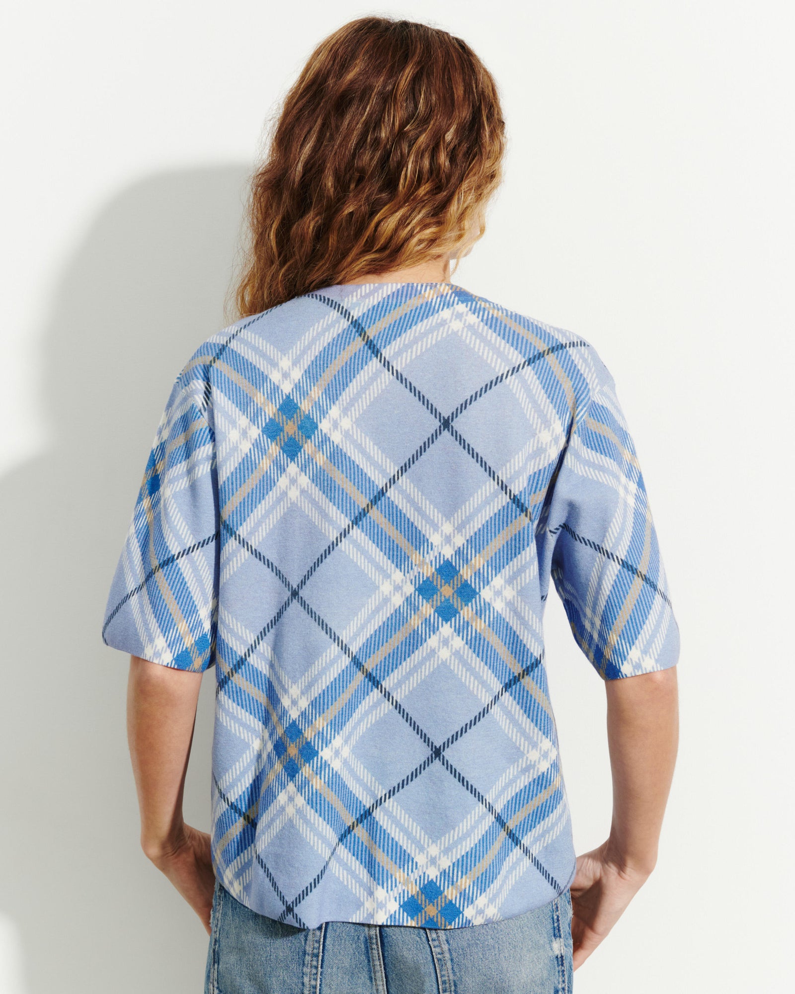 T-shirt ample imprimé tartan-BLEU AGATE/ATLANTIQUE-70% coton 30% cachemire