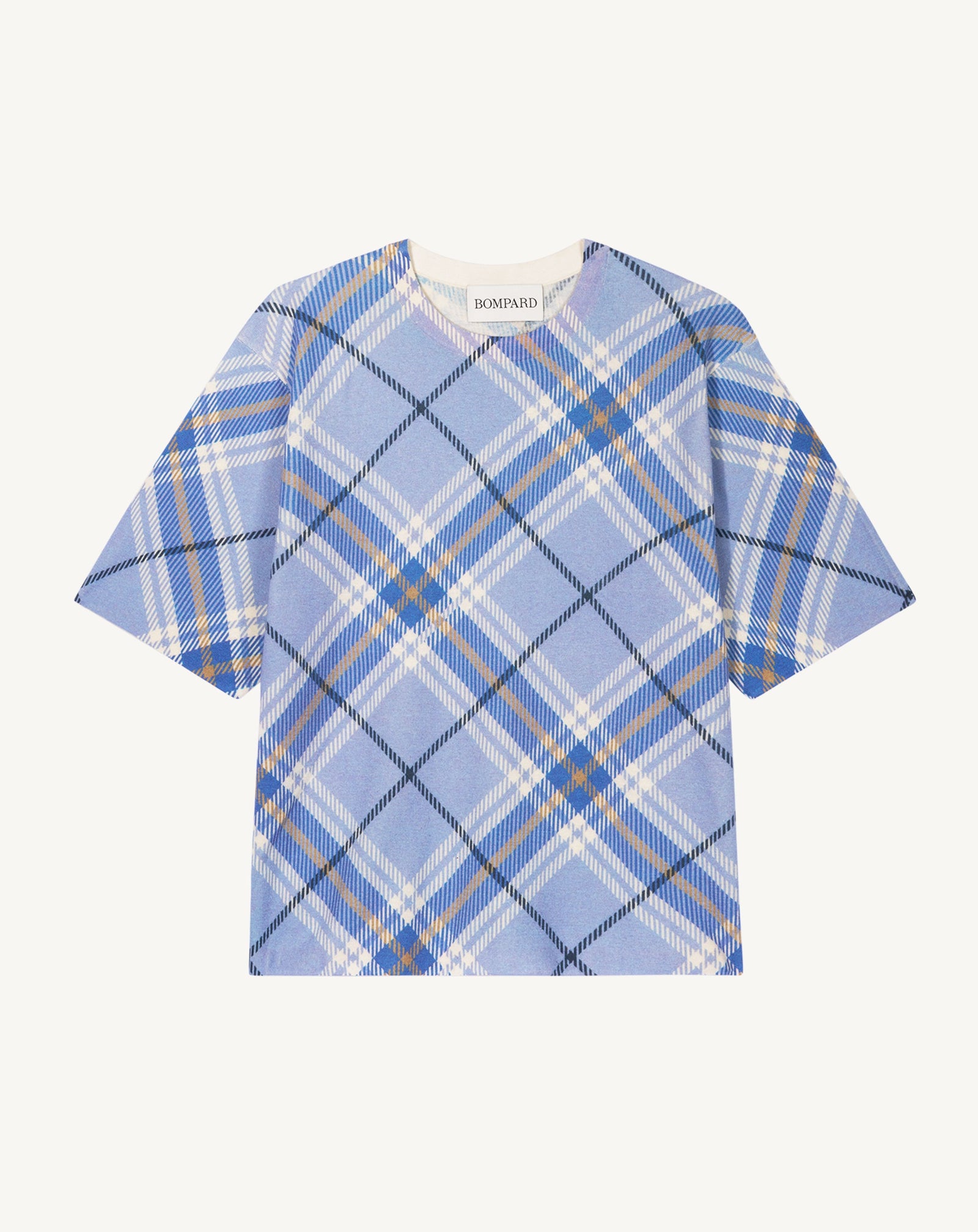 T-shirt ample imprimé tartan-BLEU AGATE/ATLANTIQUE-70% coton 30% cachemire