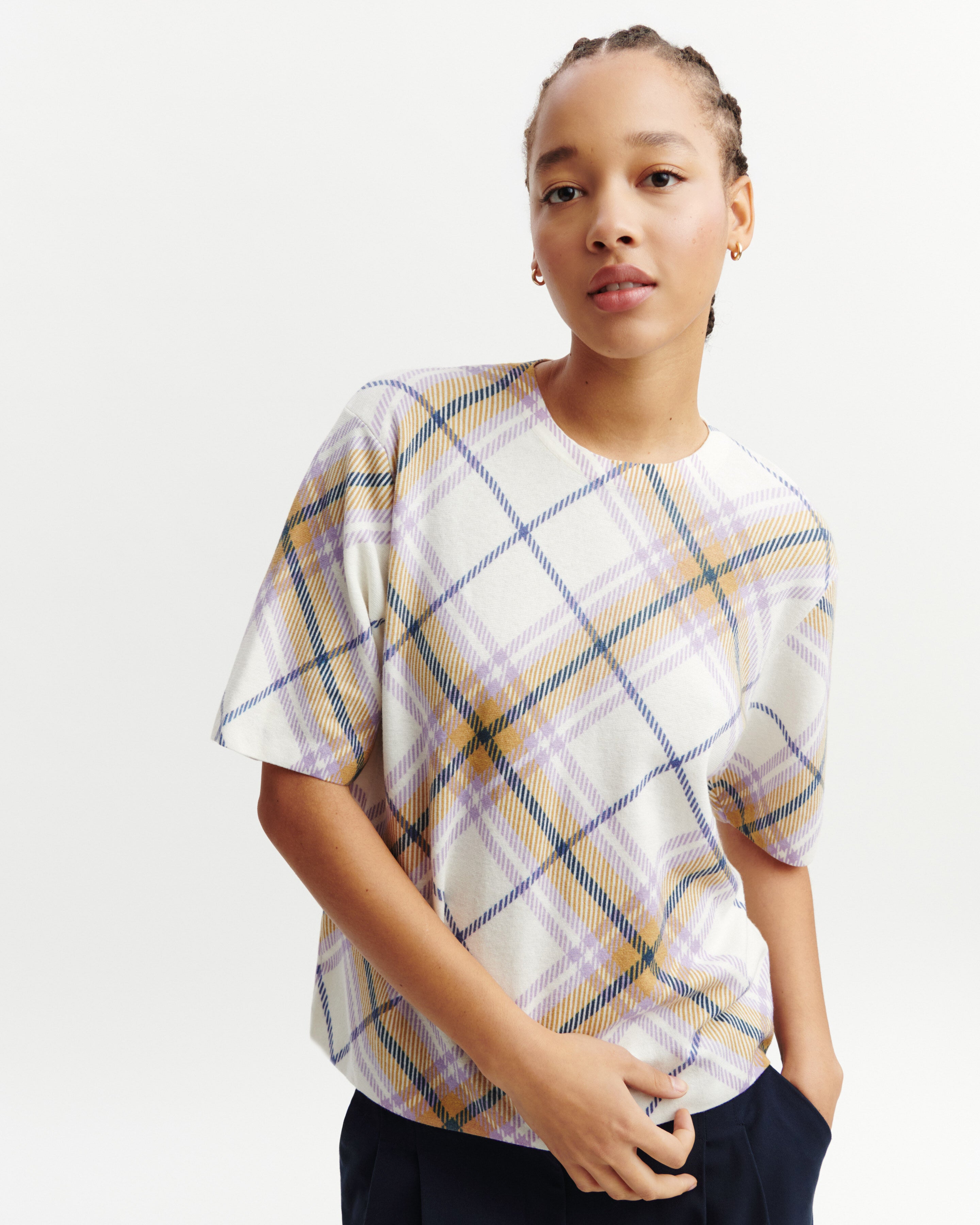 T-shirt ample imprimé tartan-NATUREL/JACINTHE-70% coton 30% cachemire
