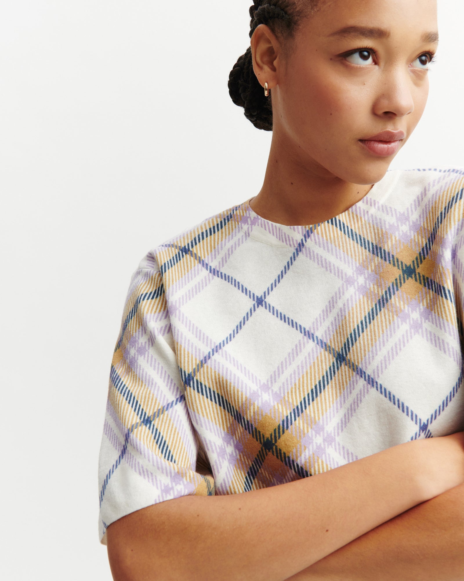 T-shirt ample imprimé tartan-NATUREL/JACINTHE-70% coton 30% cachemire