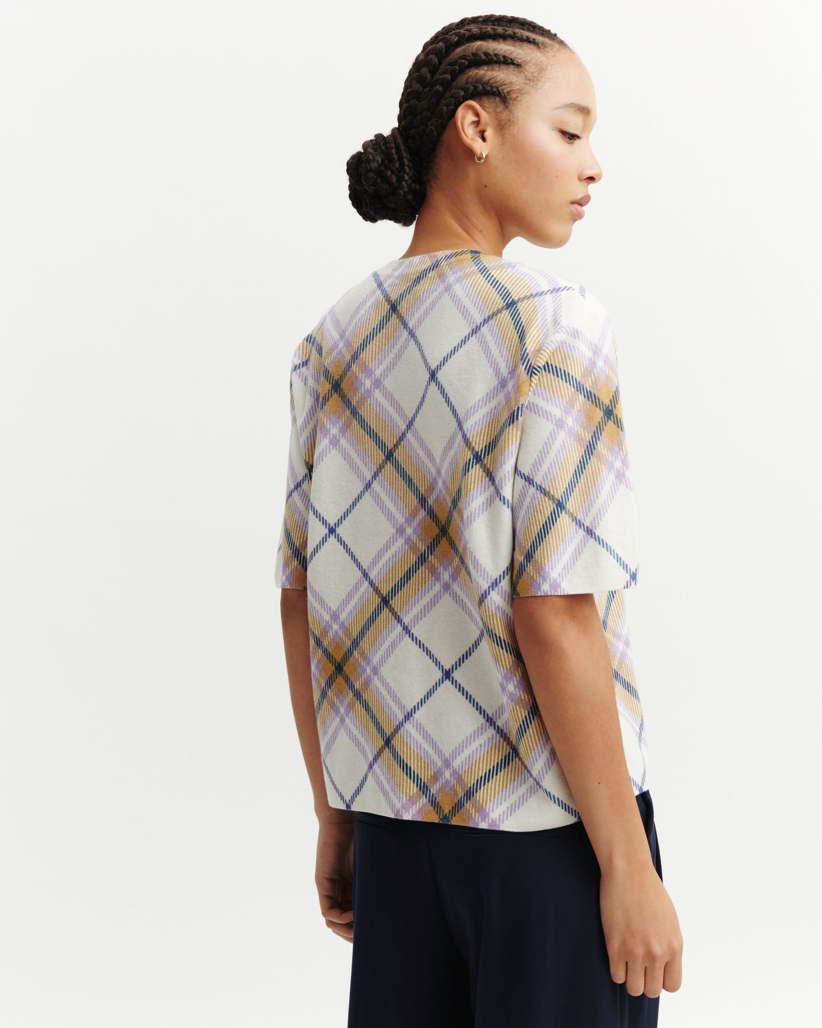 T-shirt ample imprimé tartan-NATUREL/JACINTHE-70% coton 30% cachemire