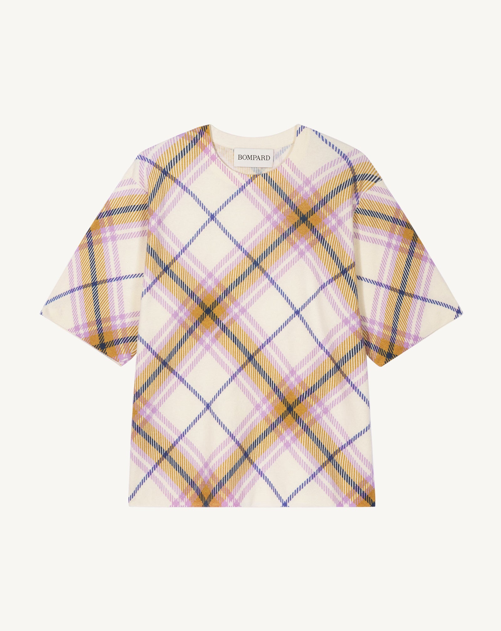 T-shirt ample imprimé tartan-NATUREL/JACINTHE-70% coton 30% cachemire