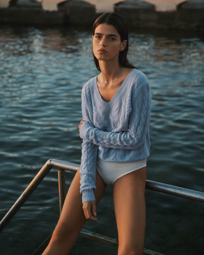 Pull col V à torsades-BLEU AGATE-100% cachemire