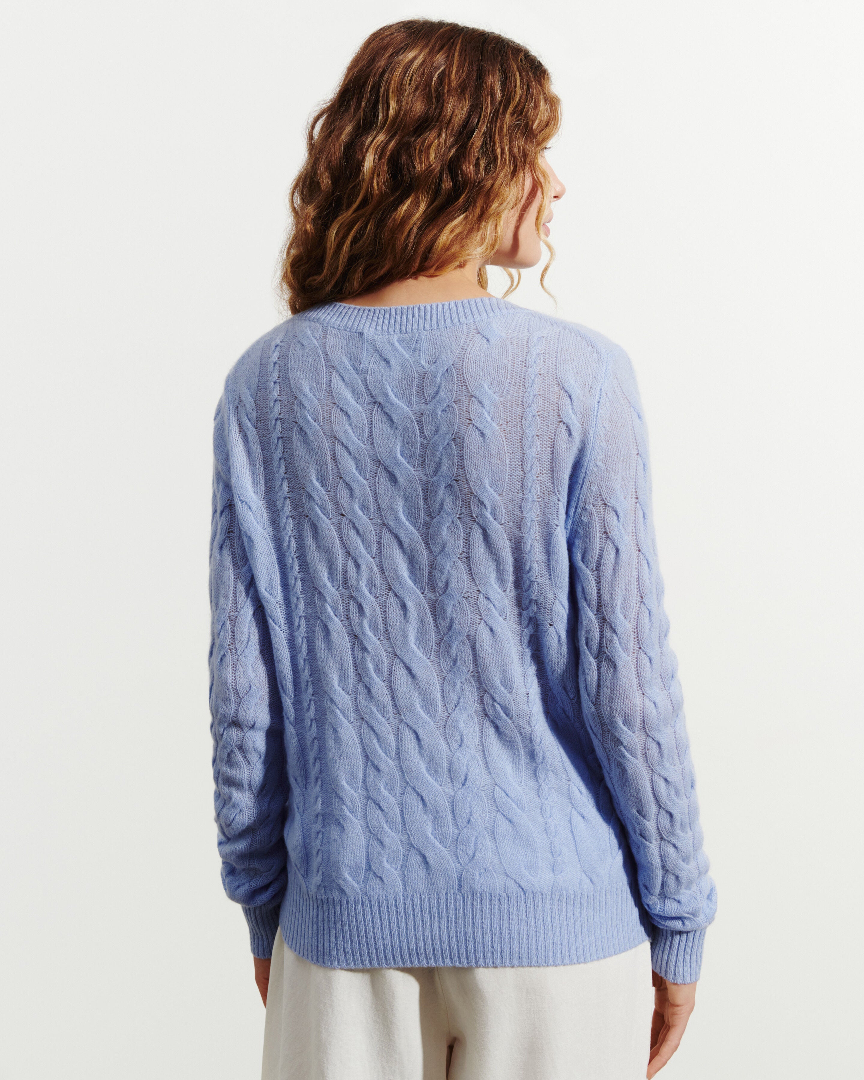 Pull col V à torsades-BLEU AGATE-100% cachemire