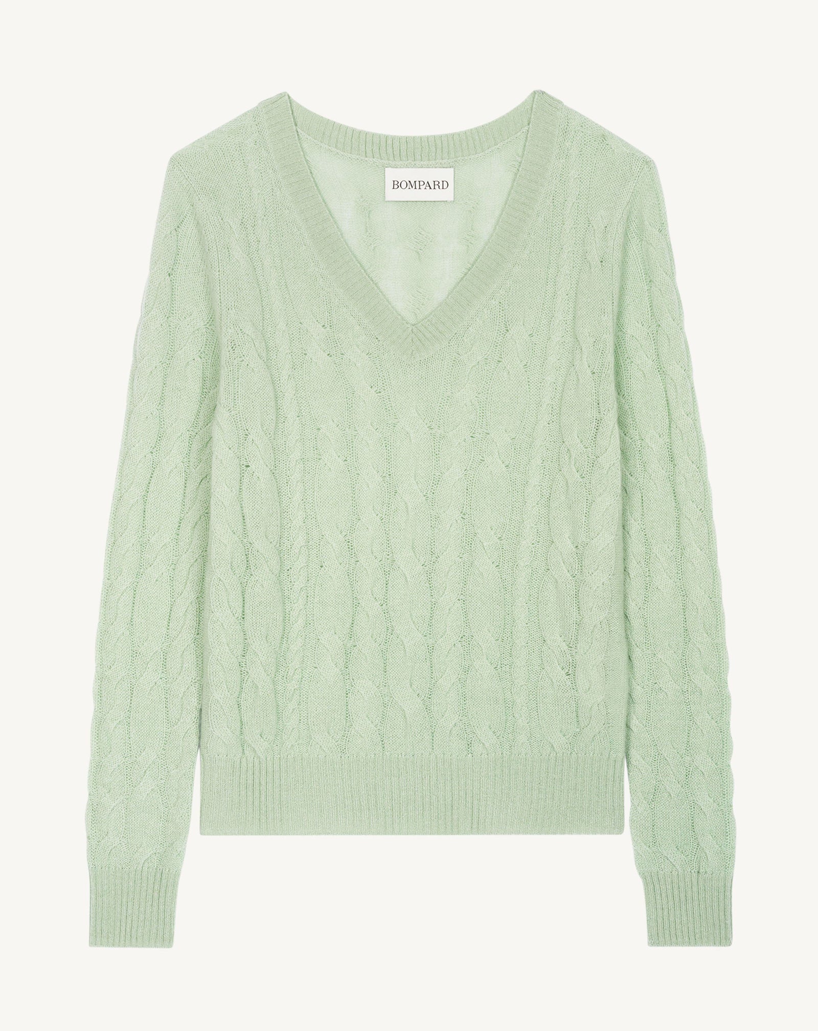 Pull col V à torsades-VERT AMANDE-100% cachemire