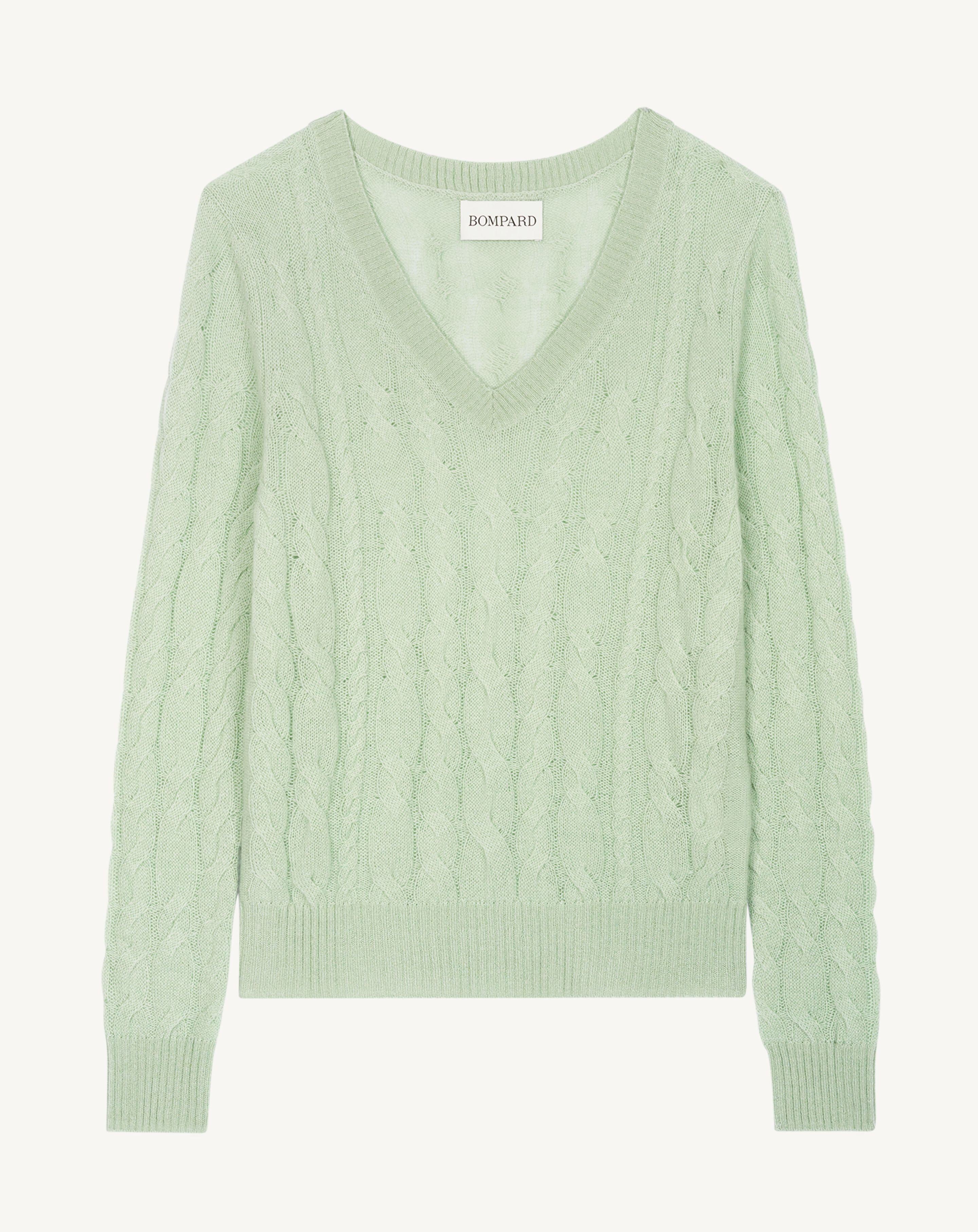 Pull col V à torsades-VERT AMANDE-100% cachemire