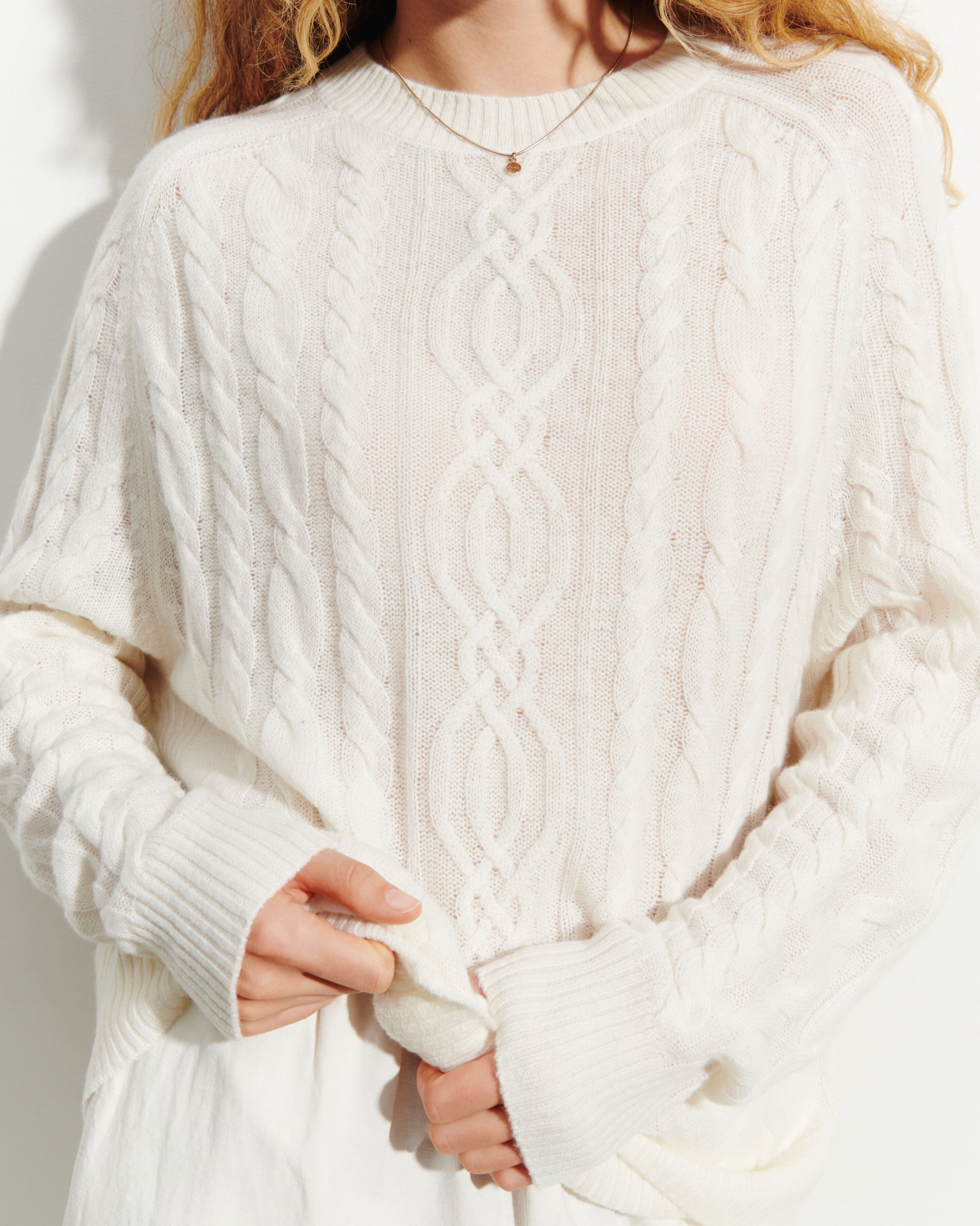 Pull col rond à torsades-NATUREL-100% cachemire