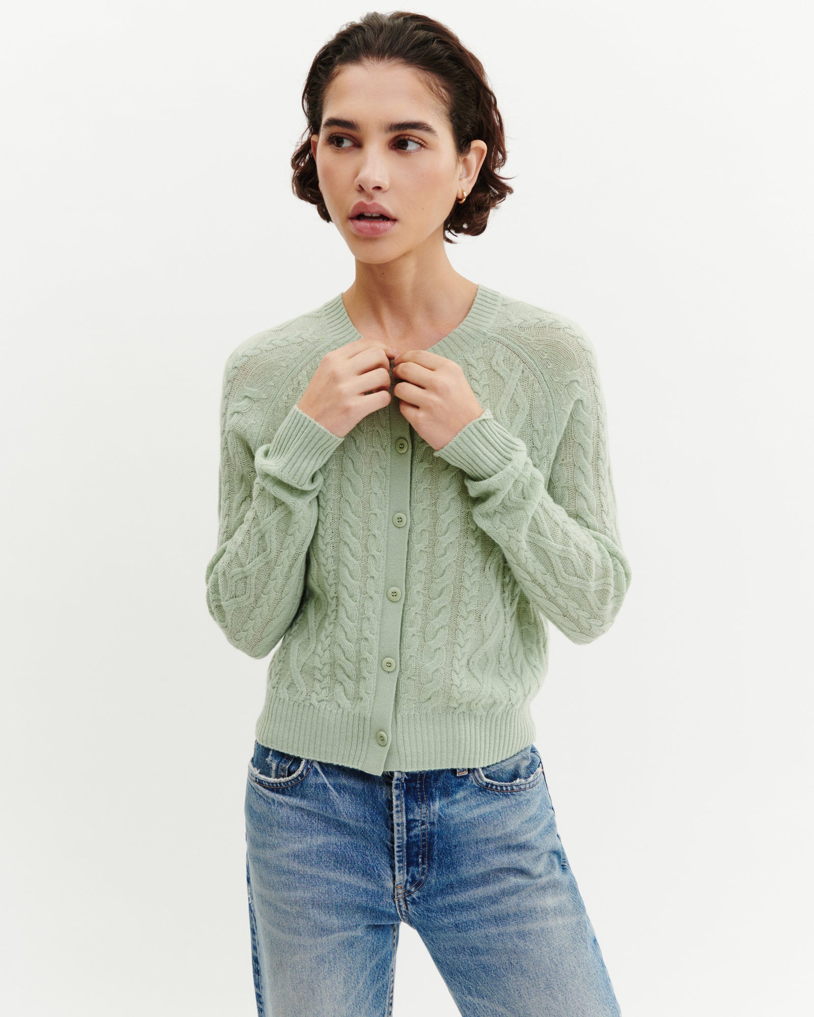 Cardigan à torsades-VERT AMANDE-100% cachemire