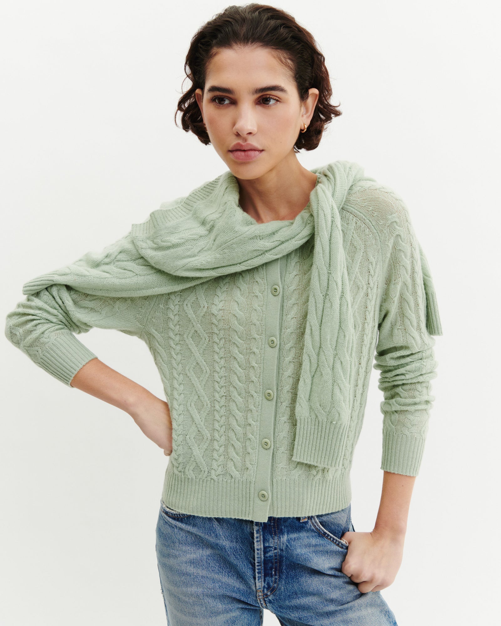 Cardigan à torsades-VERT AMANDE-100% cachemire