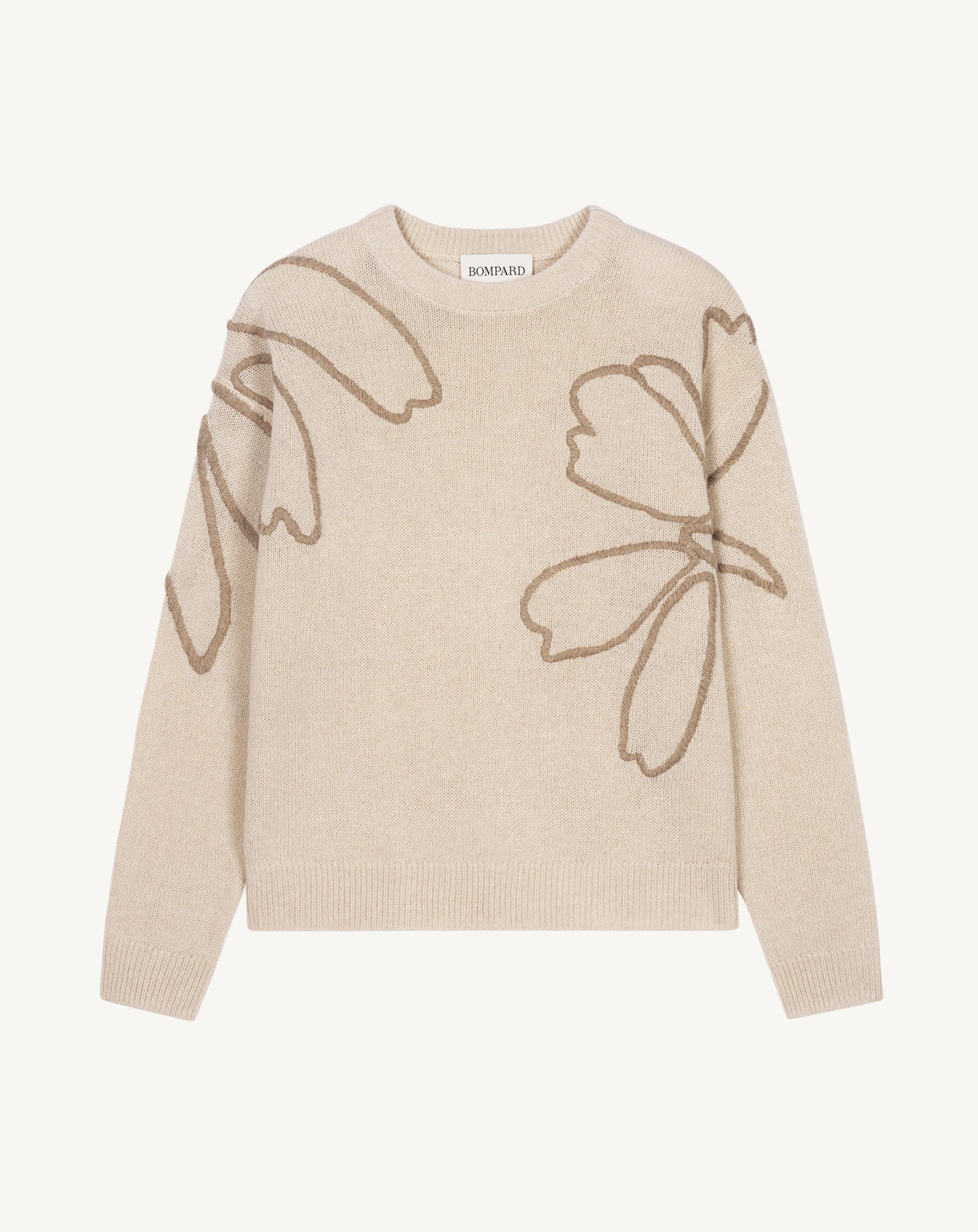 Pull col rond brodé-ARGILE-74% virgin wool 16% soie 10% cachemire