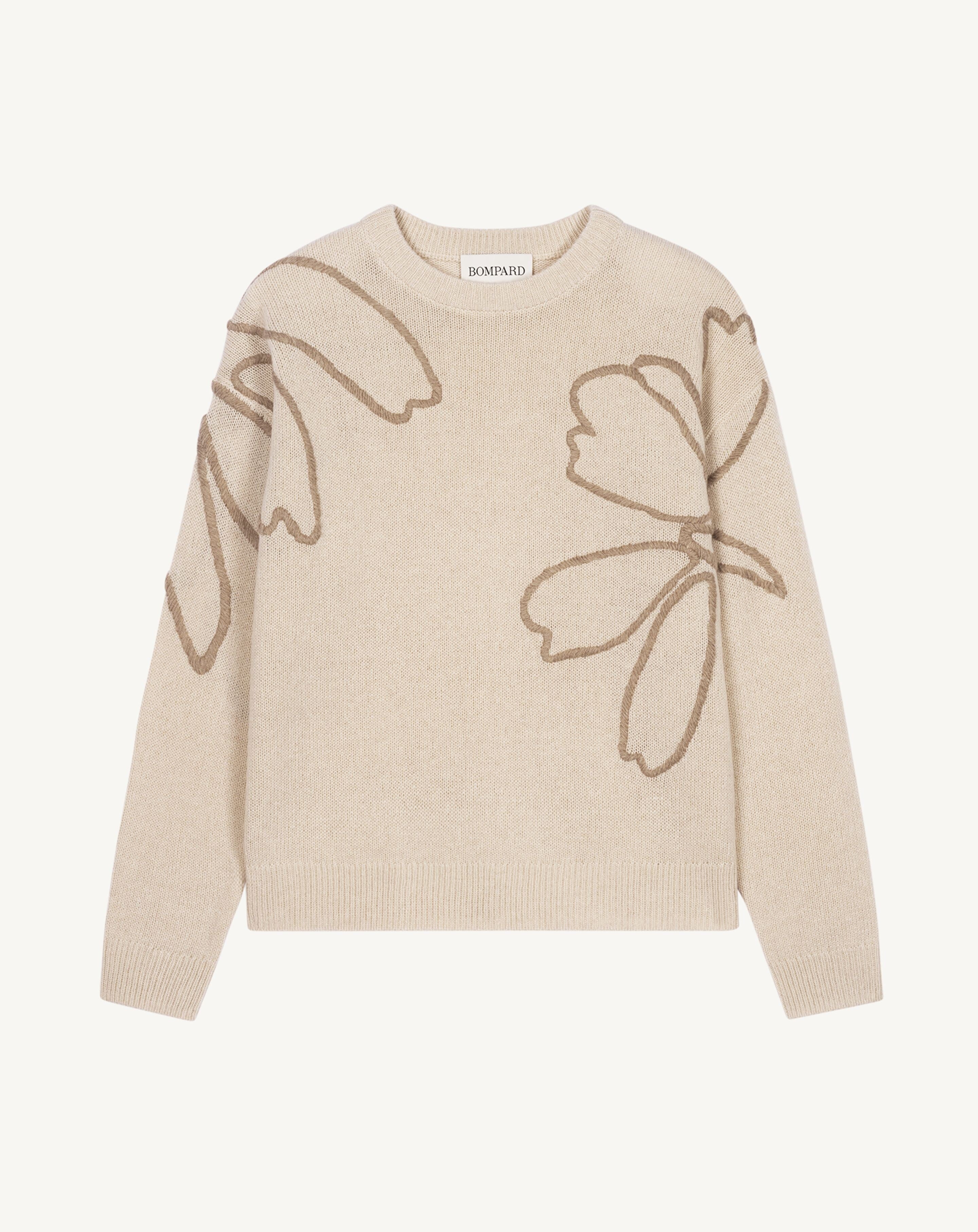 Pull col rond brodé-ARGILE-74% virgin wool 16% soie 10% cachemire