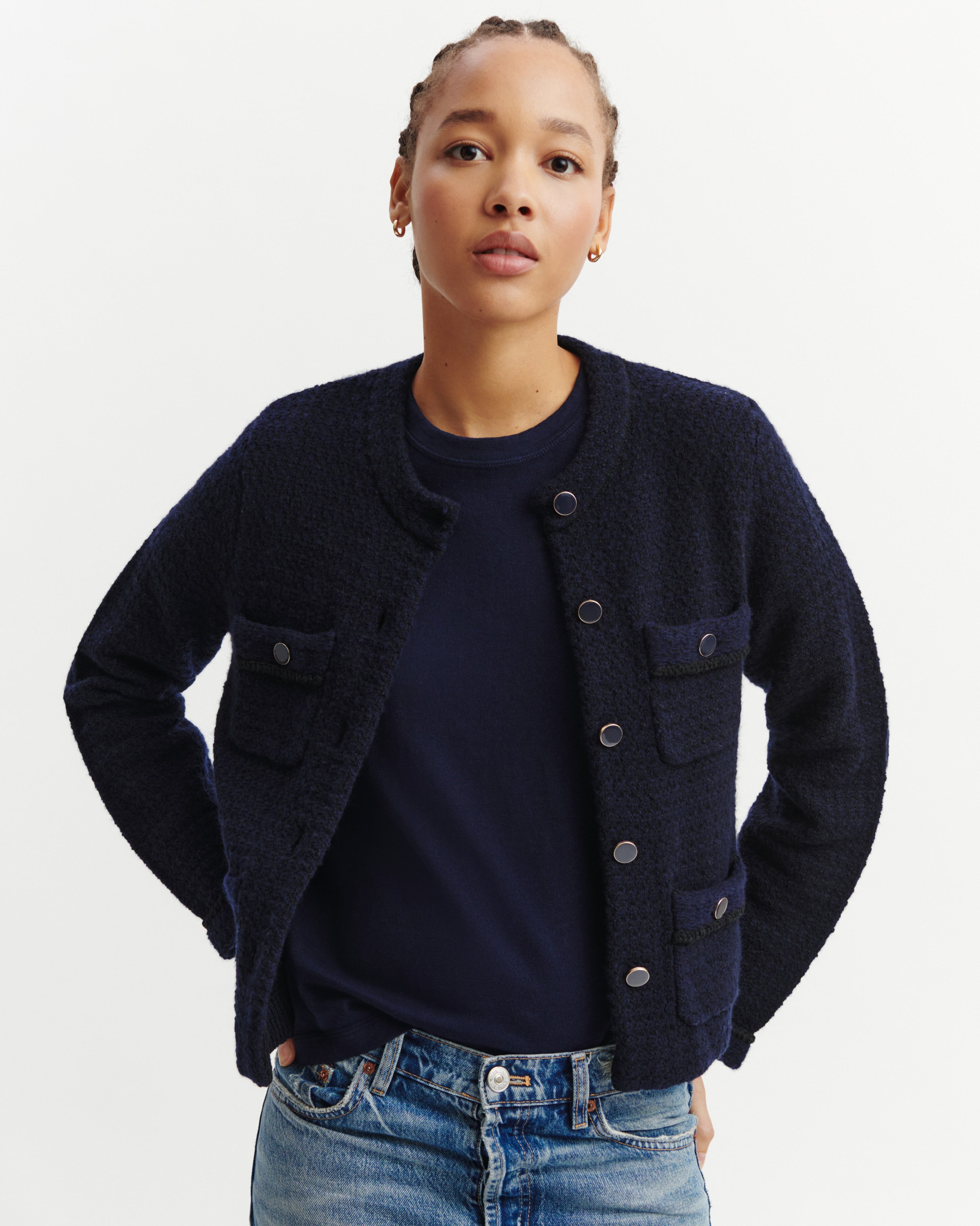 Tweed jacket in Cotton, Wool, Cashmere Women navy blue | Eric Bompard