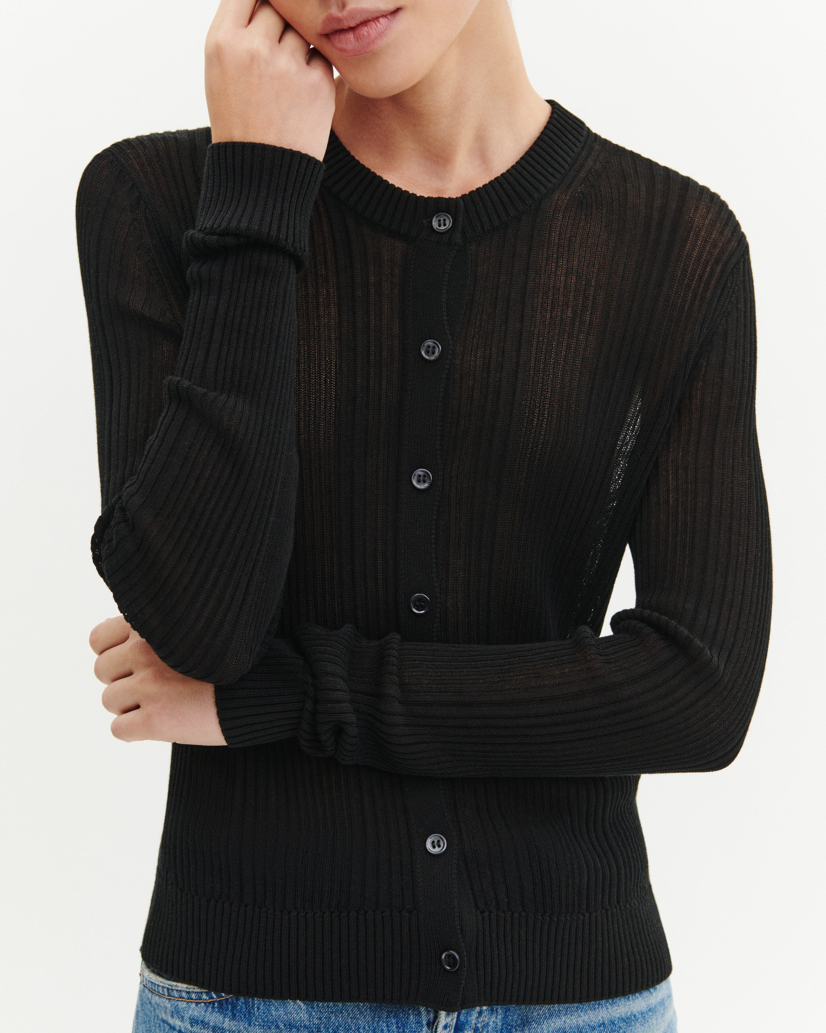 Sheer ribbed cardigan in Silk, Cotton Women black | Eric Bompard