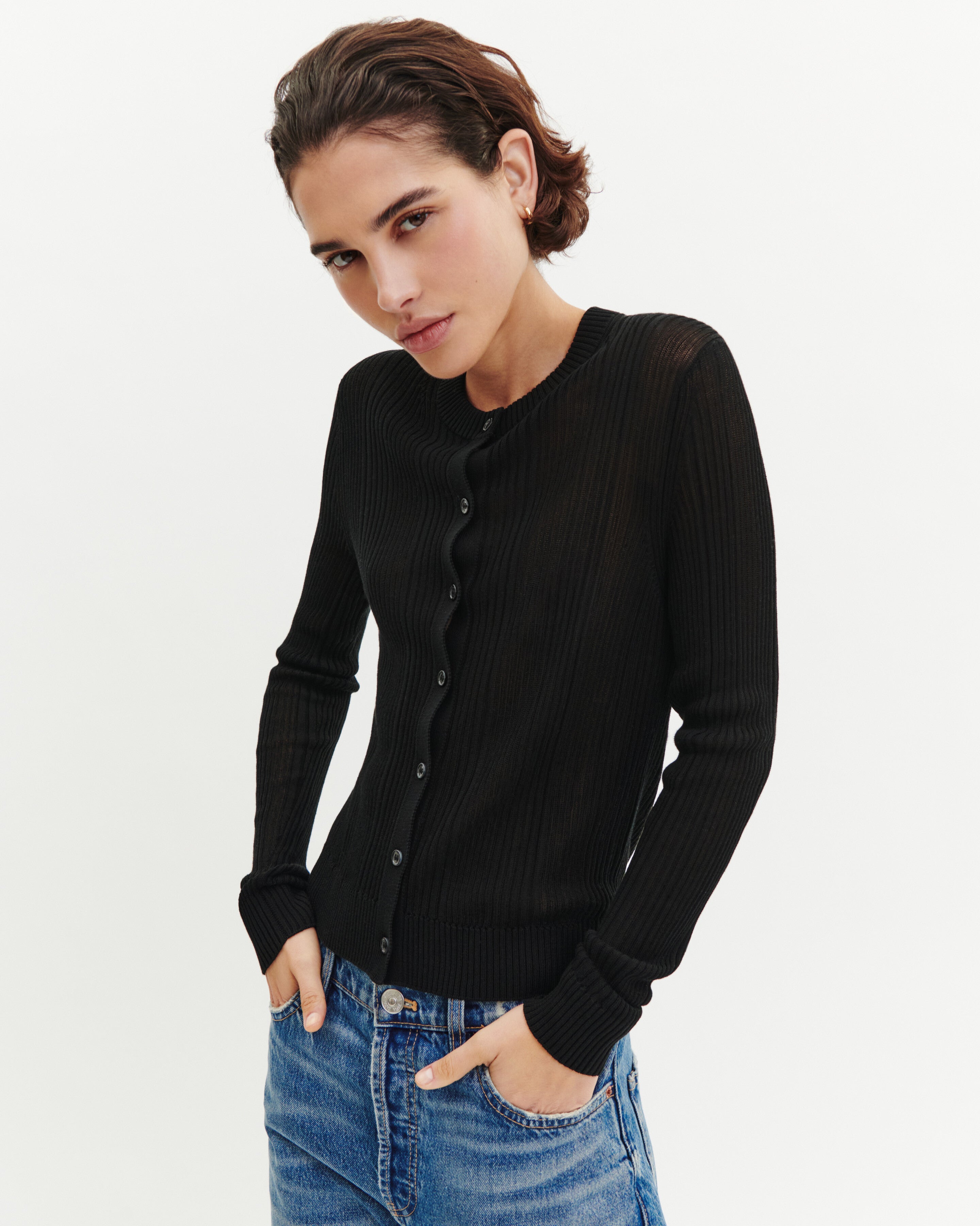 Sheer ribbed cardigan in Silk, Cotton Women black | Eric Bompard