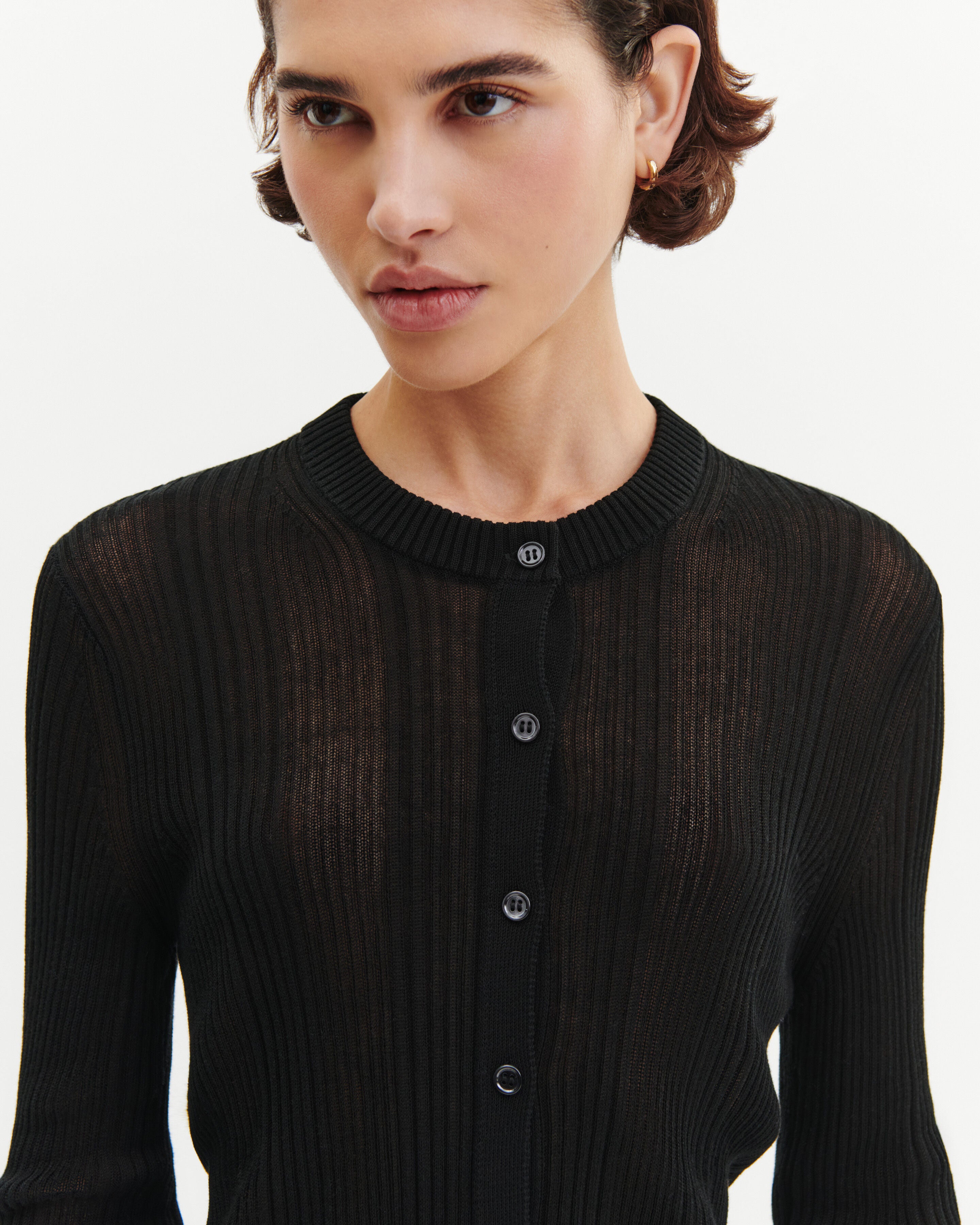 Sheer ribbed cardigan in Silk, Cotton Women black | Eric Bompard