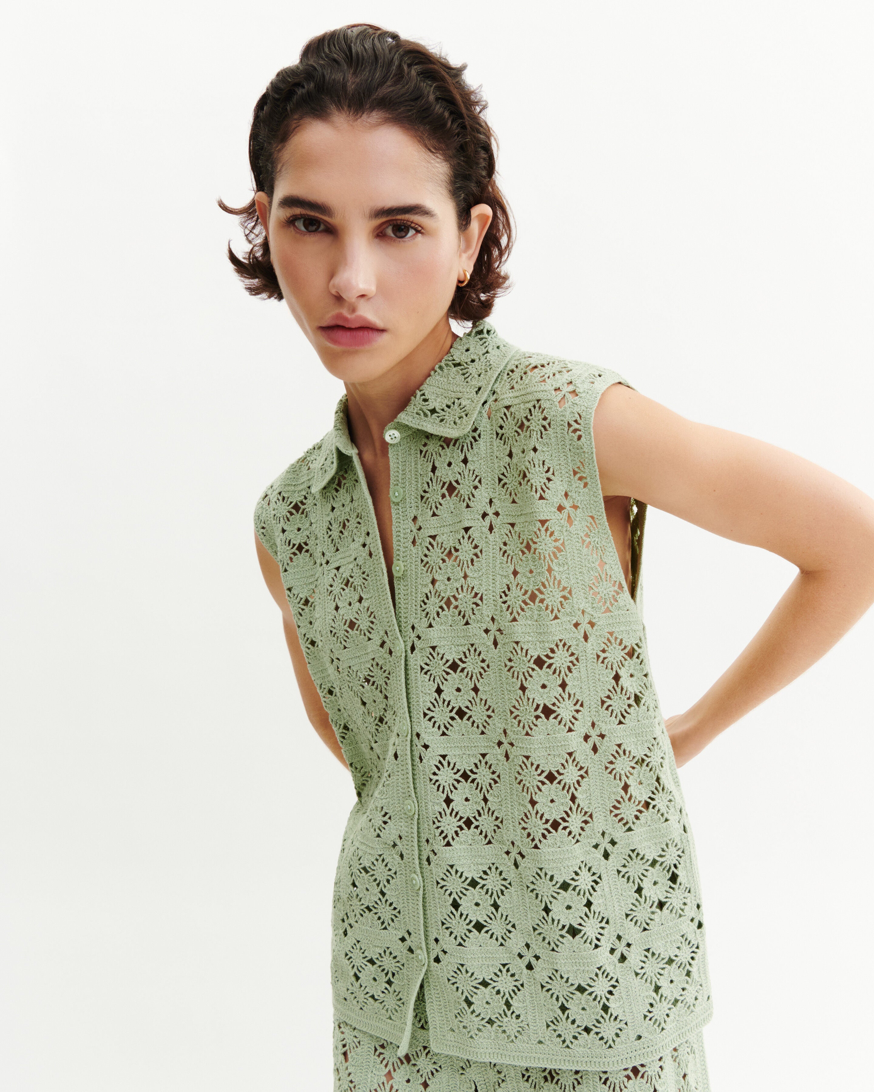 Chemise sans manches guipure-VERT AMANDE-100% coton
