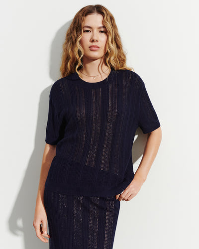 Pull col rond pointelle-MARINE-85% soie 15% cachemire