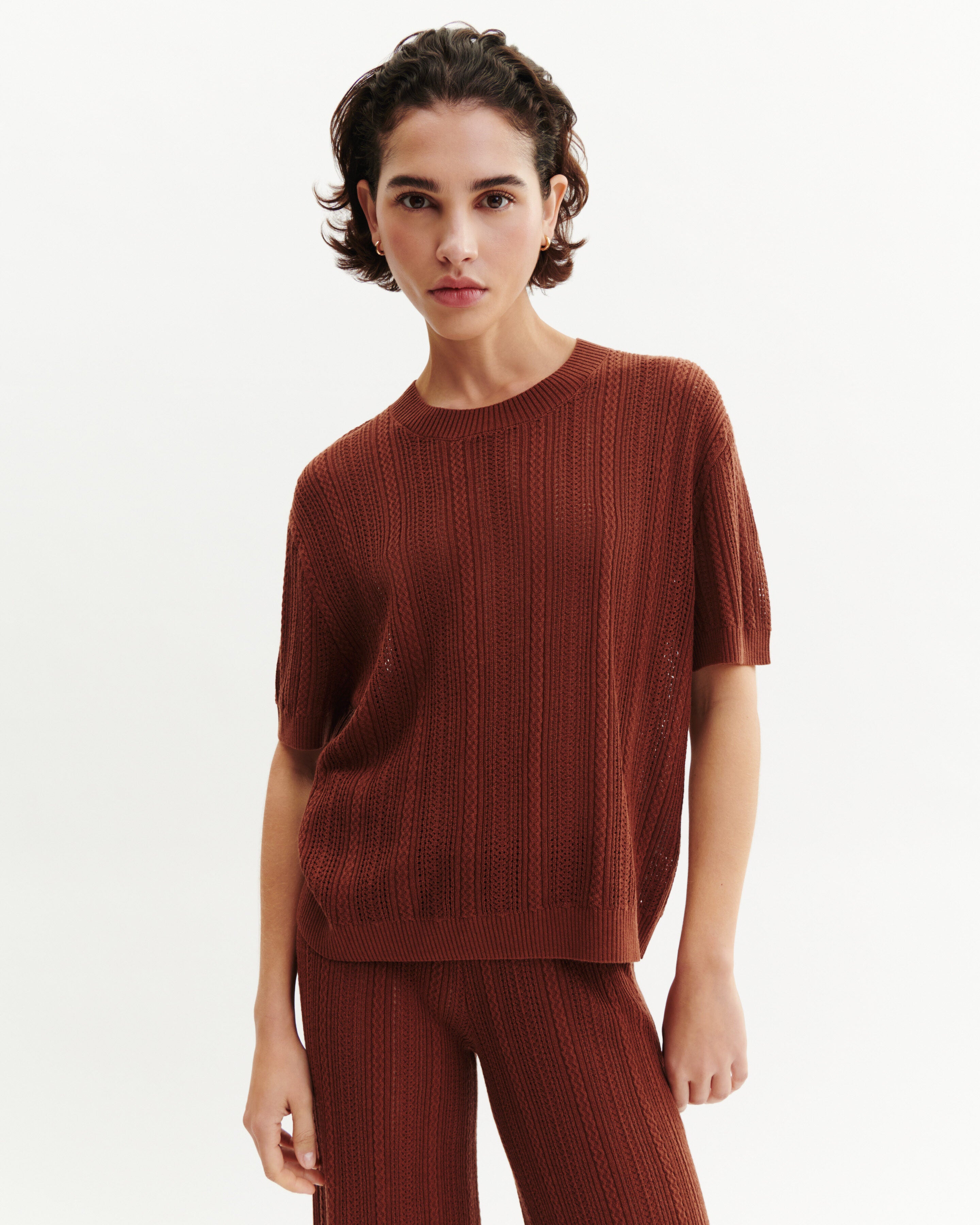 Pull col rond pointelle-HENNE-85% soie 15% cachemire