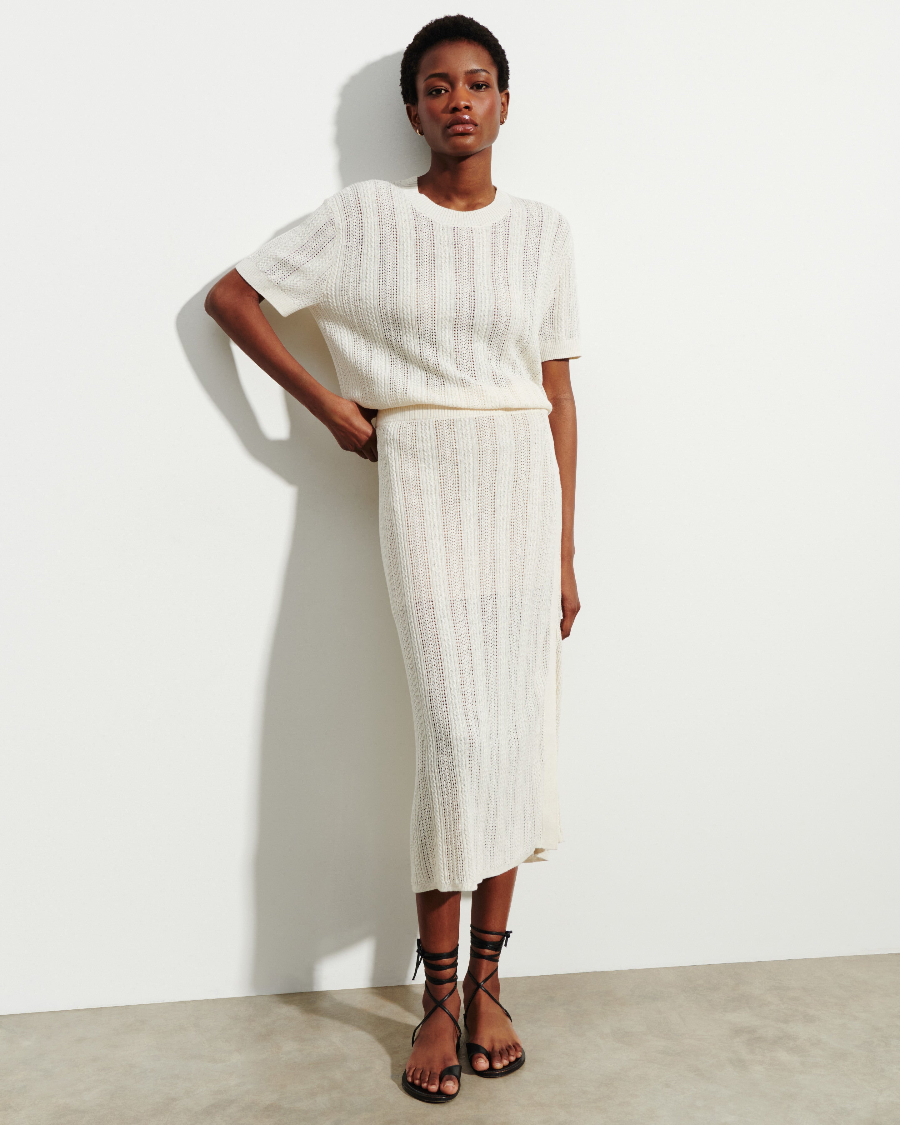 Pointelle straigh skirt in Cashmere, Silk Women autumn white