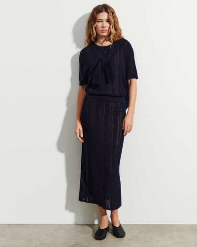 Jupe droite pointelle-MARINE-85% soie 15% cachemire