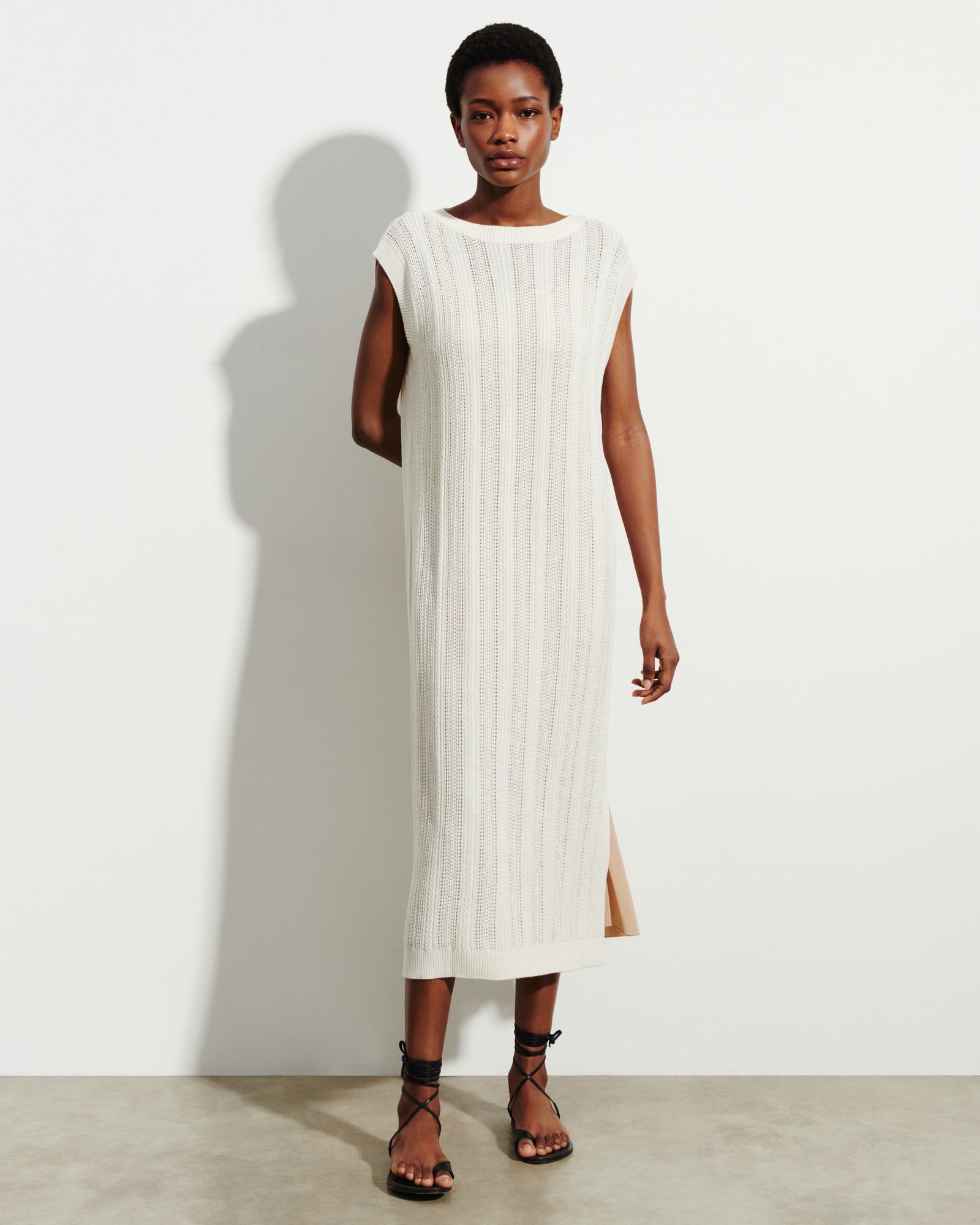 Robe longue droite pointelle-NATUREL-85% soie 15% cachemire doublure 90% soie 10% elasthanne