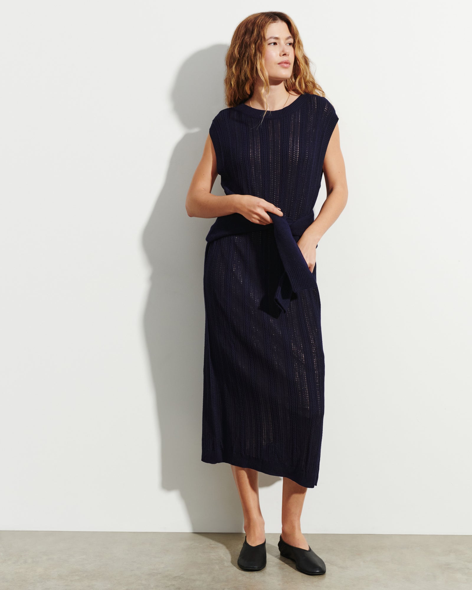 Robe longue droite pointelle-MARINE-85% soie 15% cachemire doublure 90% soie 10% elasthanne