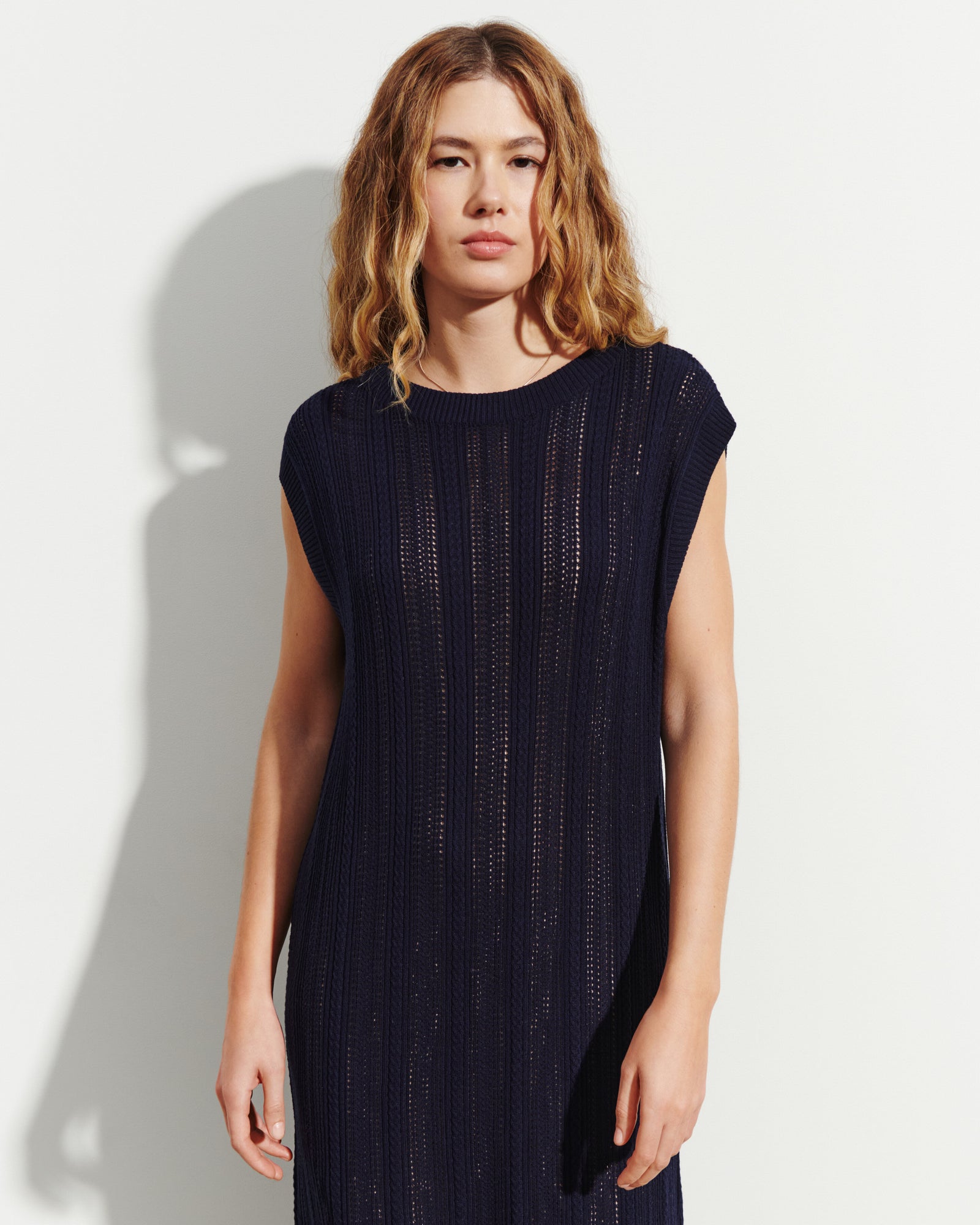 Robe longue droite pointelle-MARINE-85% soie 15% cachemire doublure 90% soie 10% elasthanne