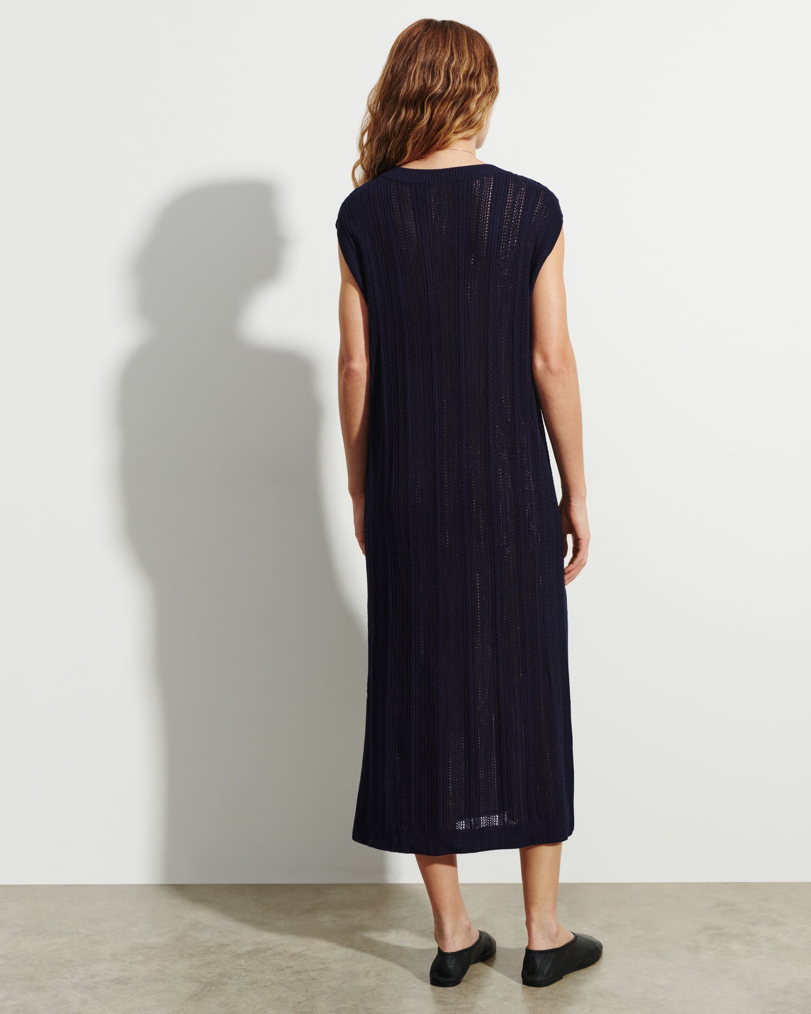 Robe longue droite pointelle-MARINE-85% soie 15% cachemire doublure 90% soie 10% elasthanne