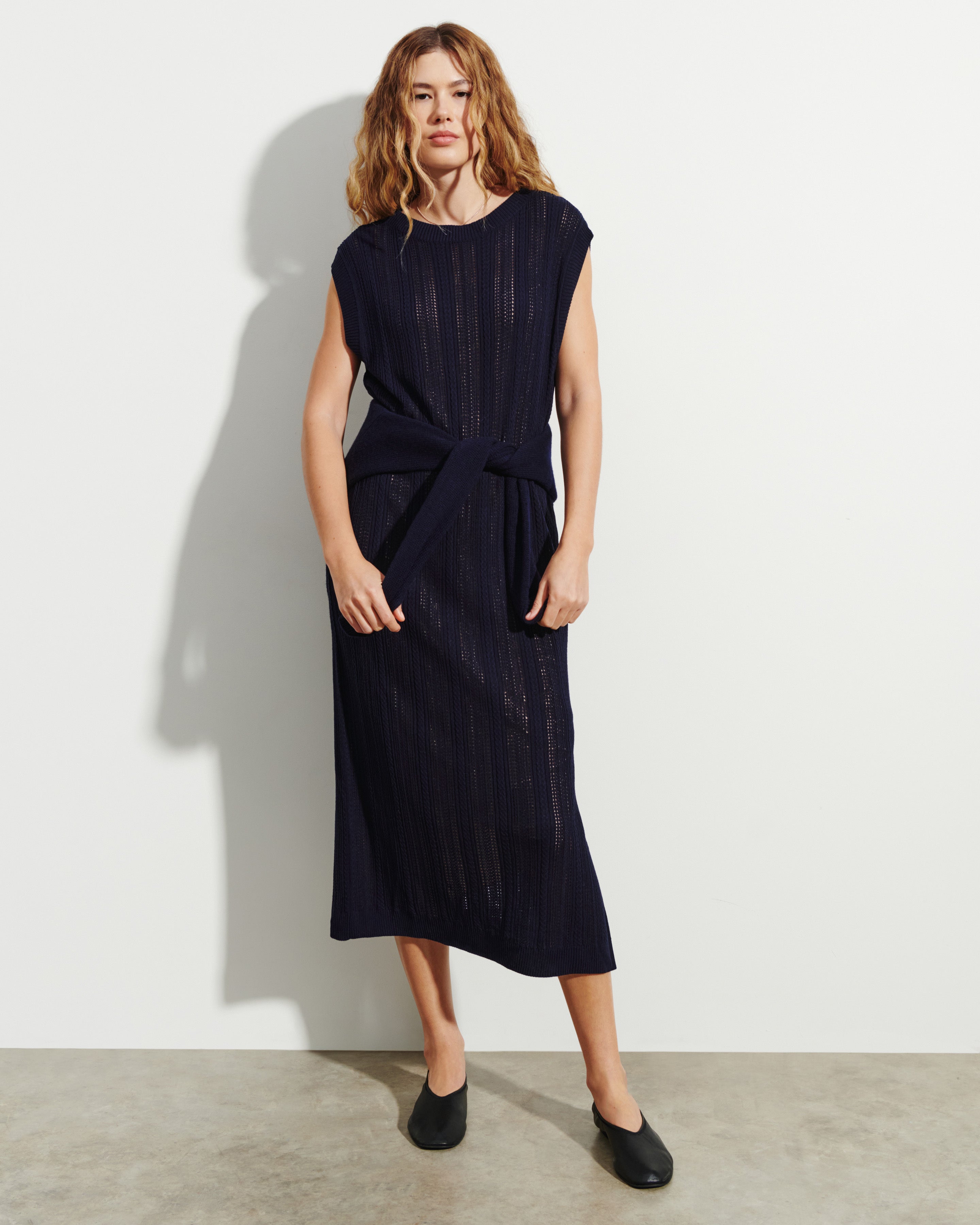 Robe longue droite pointelle-MARINE-85% soie 15% cachemire doublure 90% soie 10% elasthanne