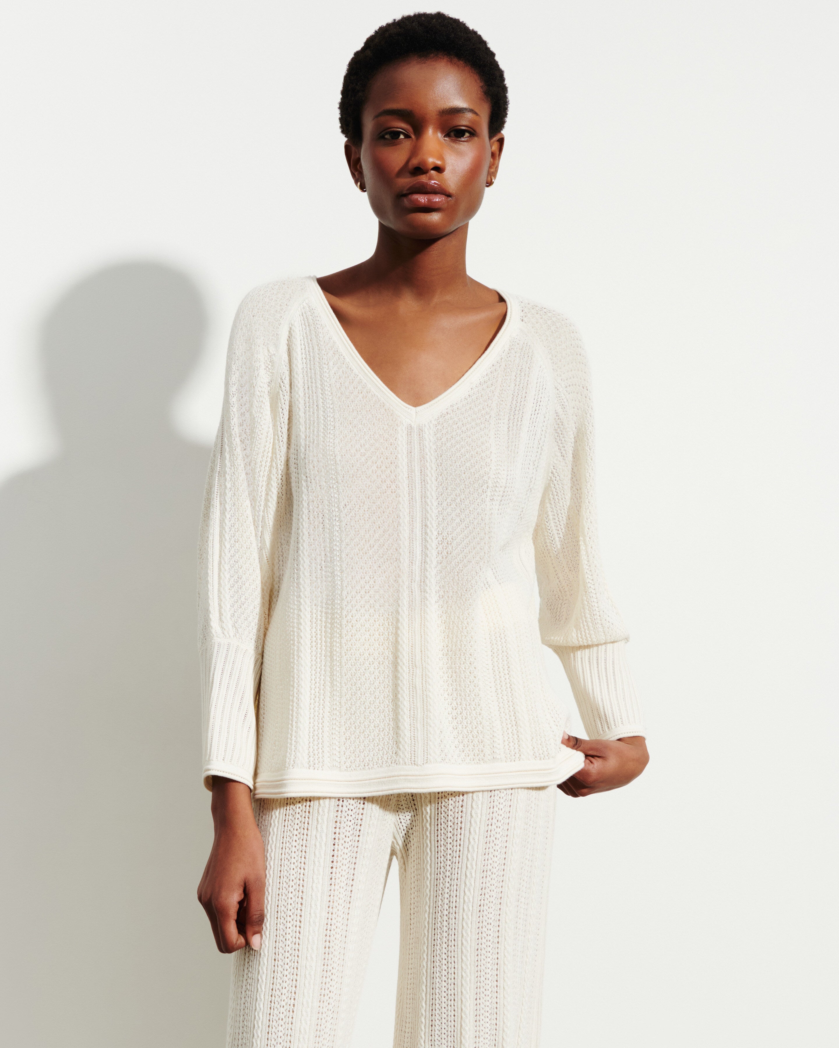 Pointelle V-neck pullover in Cashmere, Silk Women autumn white