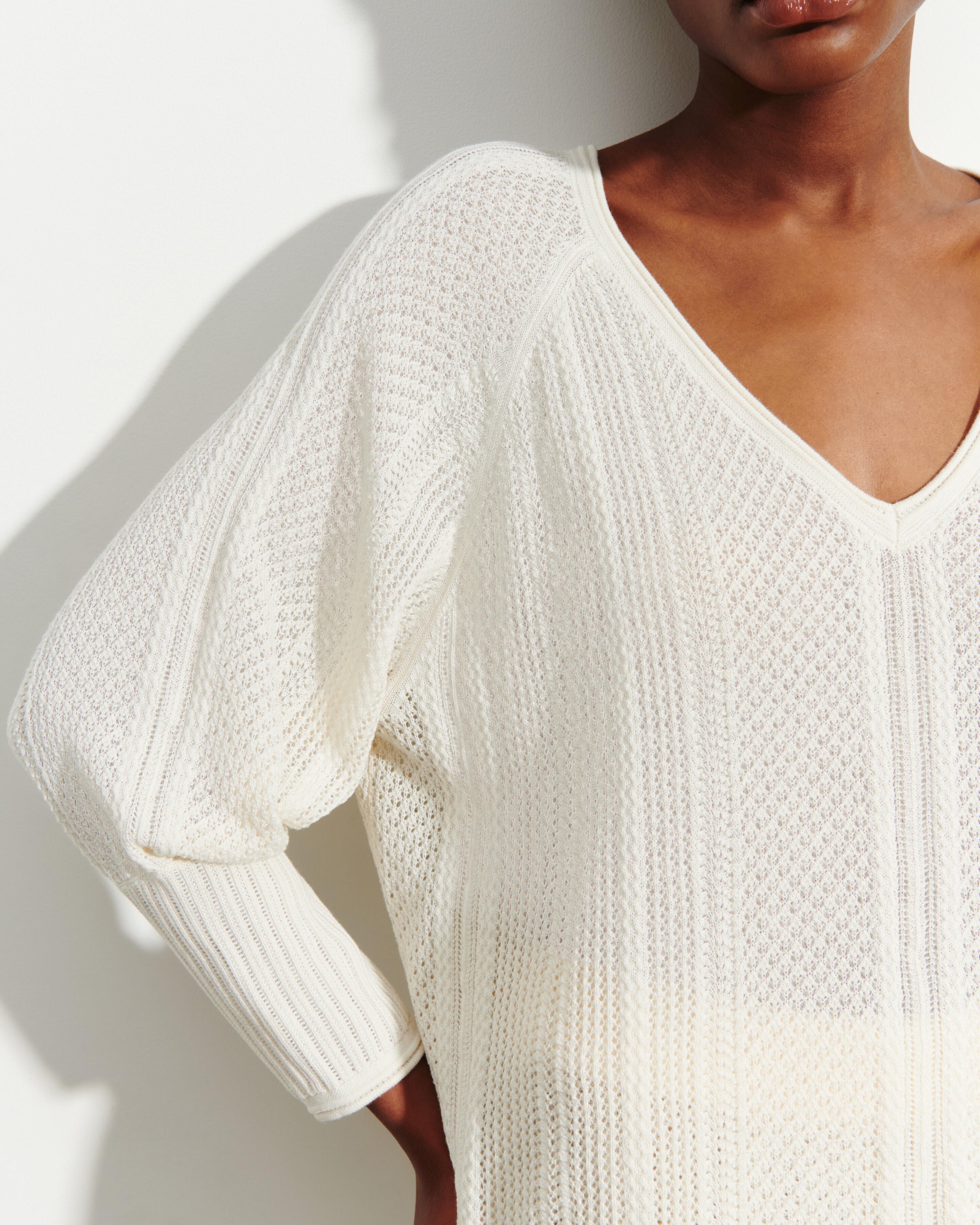 Pull col V pointelle-NATUREL-85% soie 15% cachemire