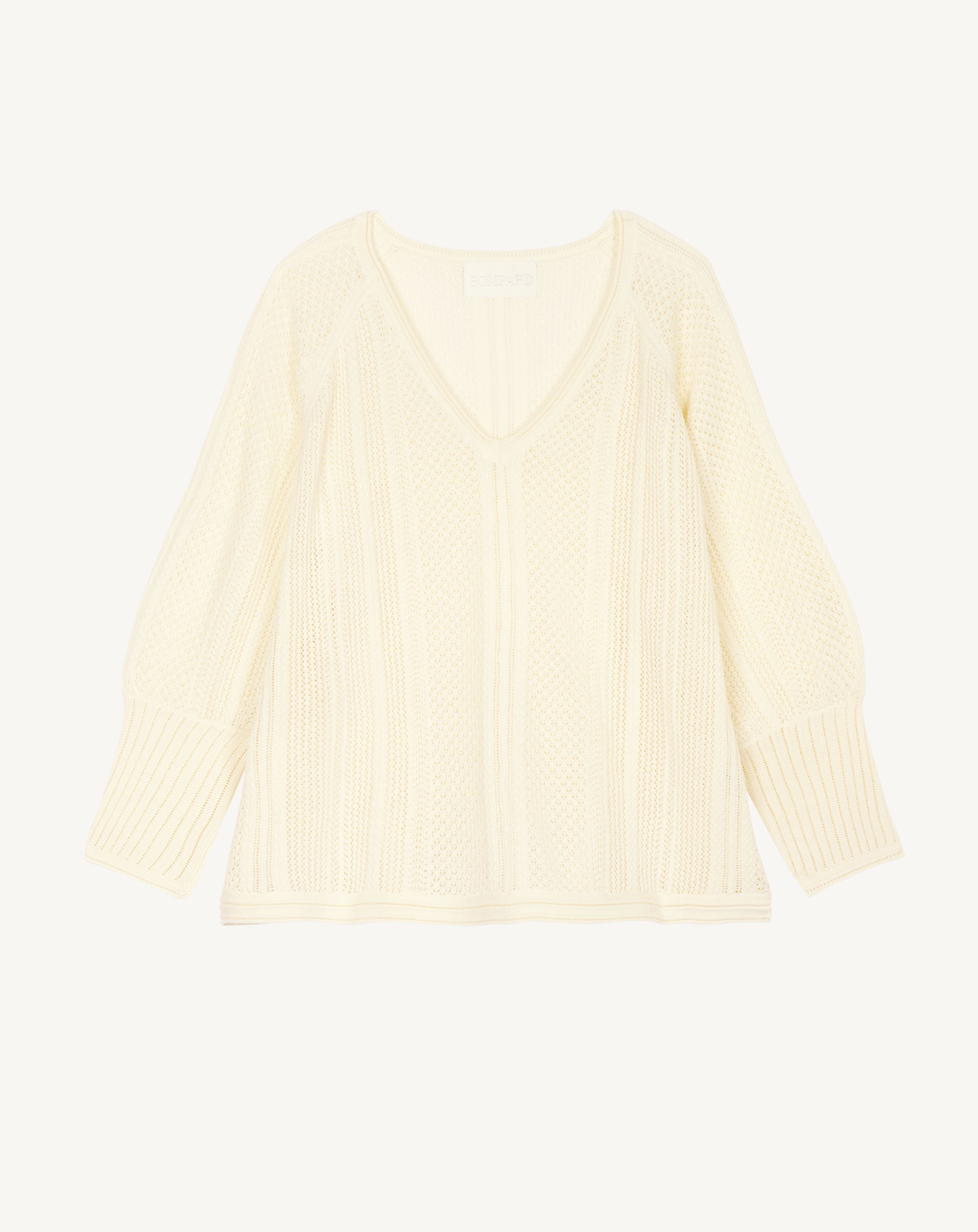Pull col V pointelle-NATUREL-85% soie 15% cachemire
