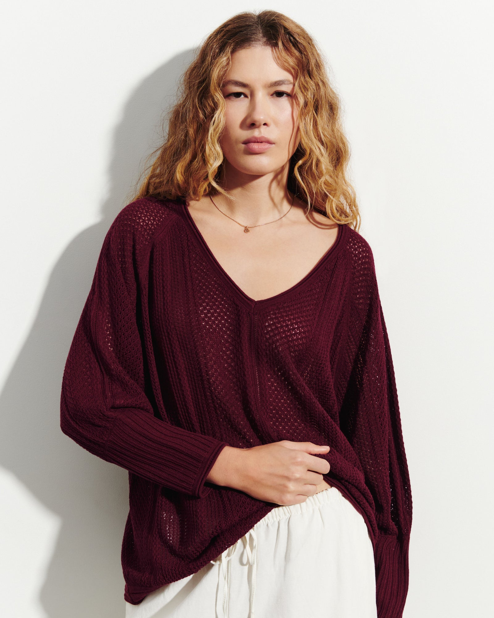 Pull col V pointelle-OXALIS-85% soie 15% cachemire