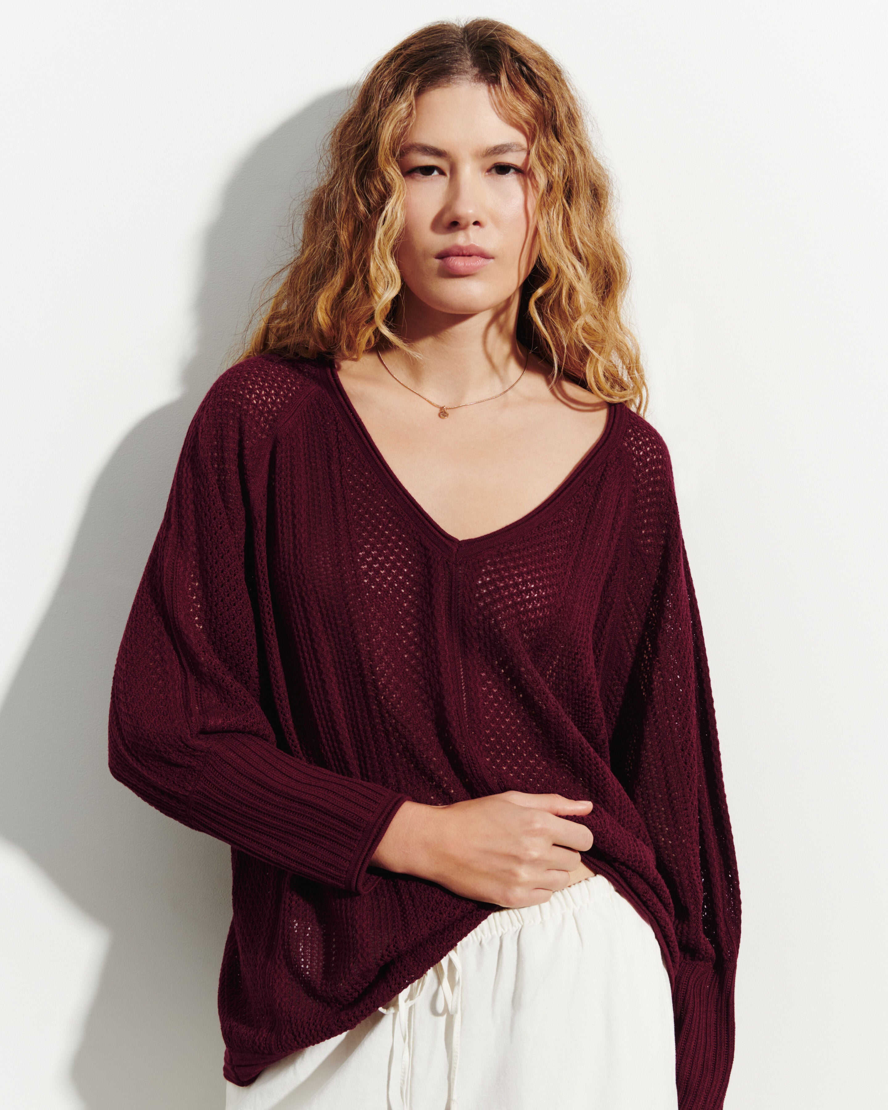 Pull col V pointelle-OXALIS-85% soie 15% cachemire