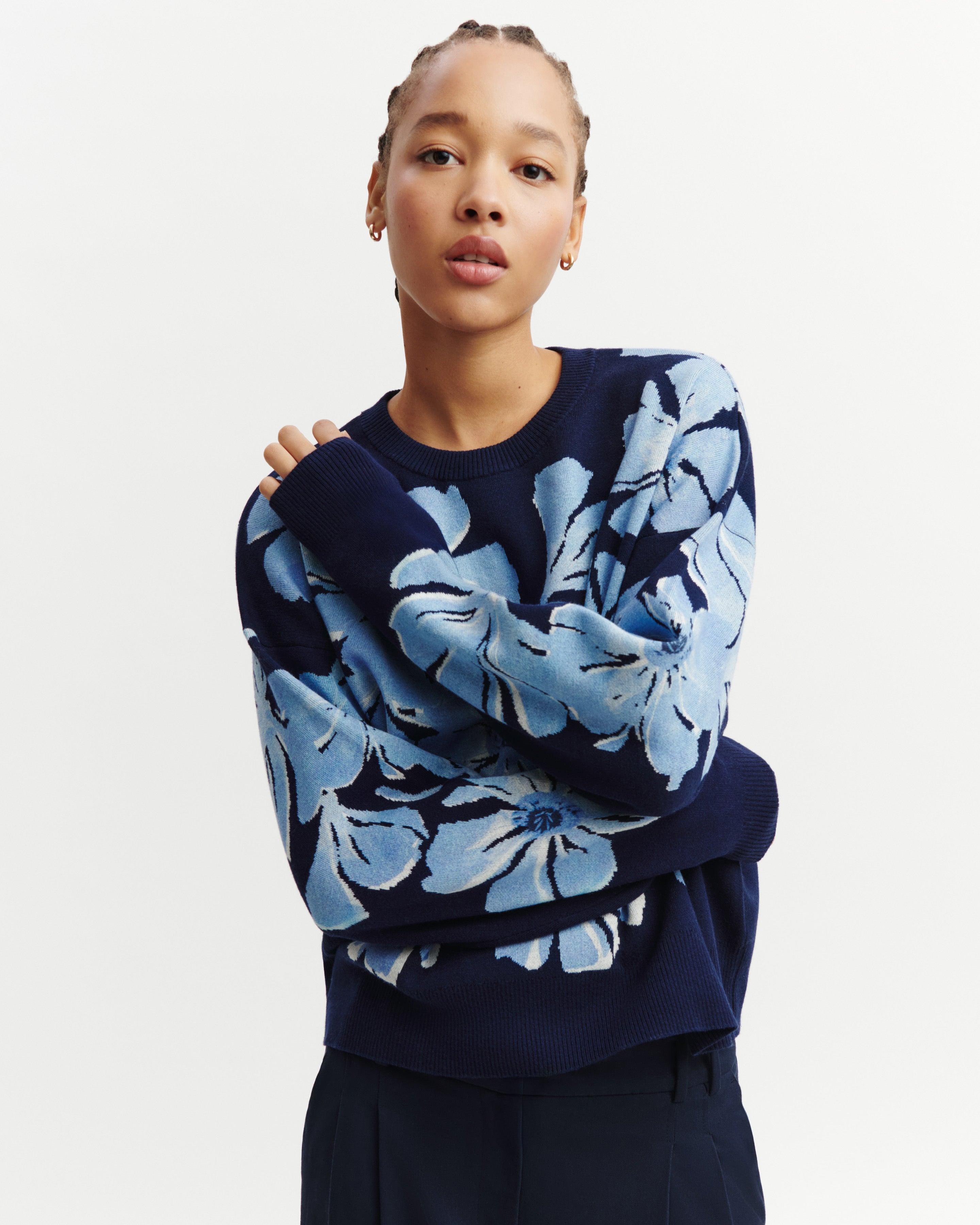Pull jacquard double face-MARINE-80% pima coton 14% cachemire 6% lycra
